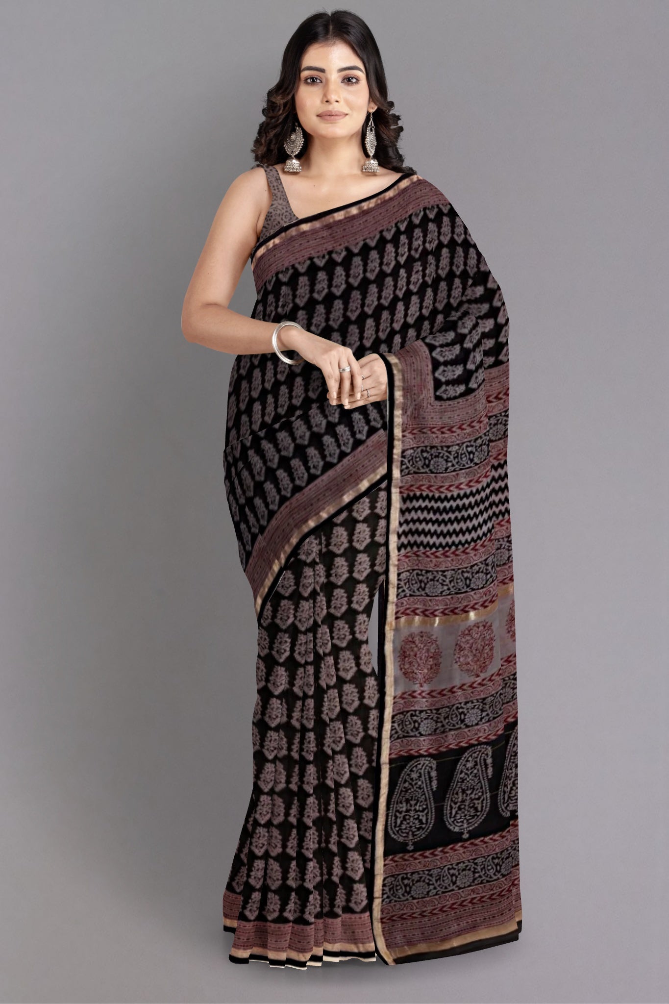Kyra Chanderi Silk Cotton Saree Bagh Print in Black with Handblock Motif in Purplish Pink Colour - Indian Handloomz