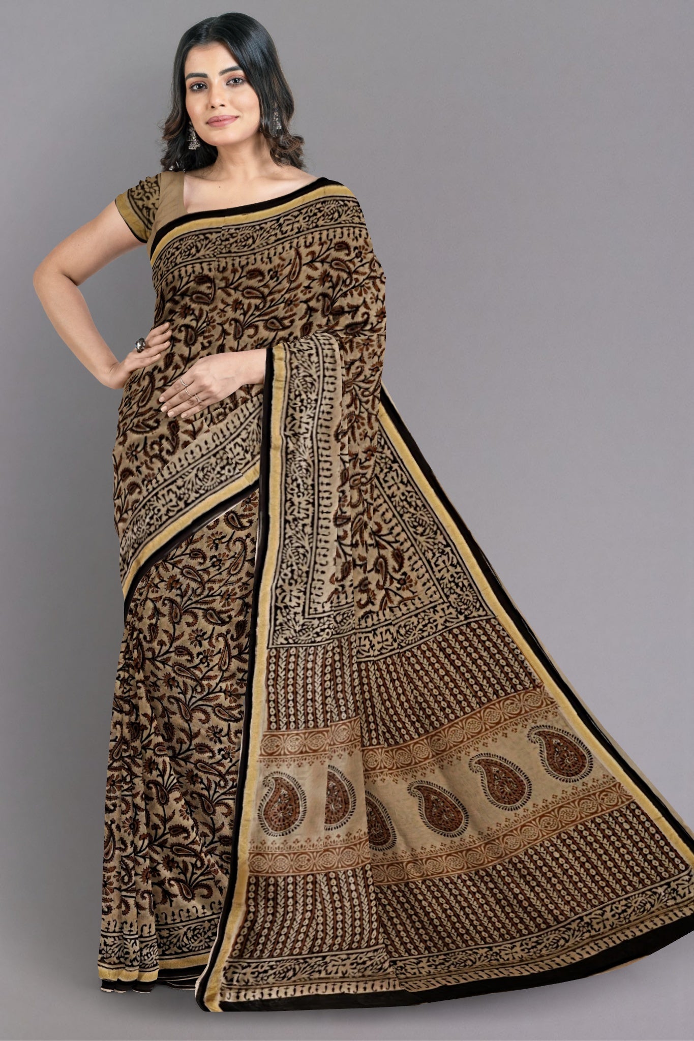 Suhani Chanderi Cotton Silk Saree, Handblock Print on Beige Colour Base, Red & Black, Kalamkari Motifs with Zari Border - Indian Handloomz