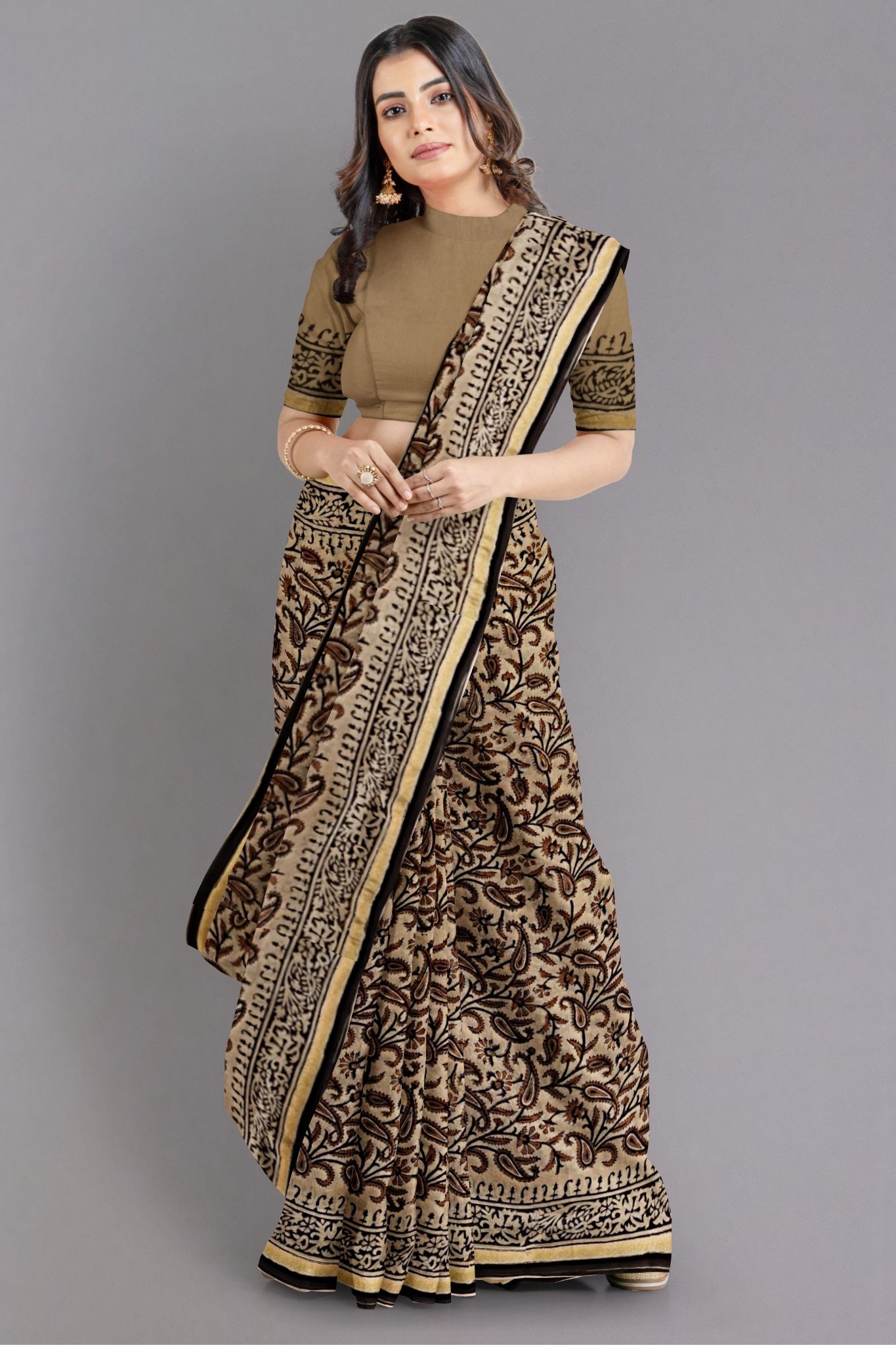 Suhani Chanderi Cotton Silk Saree, Handblock Print on Beige Colour Base, Red & Black, Kalamkari Motifs with Zari Border - Indian Handloomz