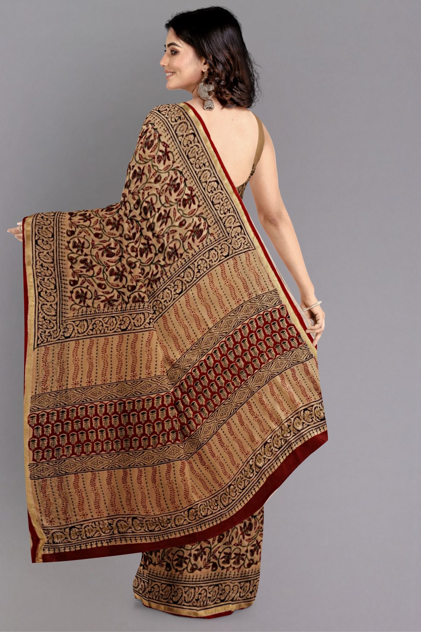 Saumya Chanderi Cotton Silk Saree in Beige Colour & Handblock print of Red, Dark Green & Black with Zari Border - Indian Handloomz