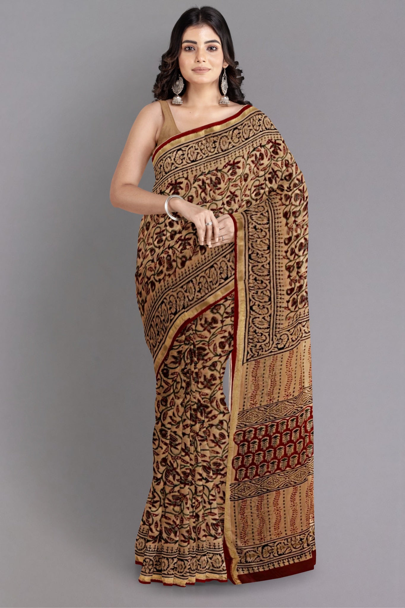 Saumya Chanderi Cotton Silk Saree in Beige Colour & Handblock print of Red, Dark Green & Black with Zari Border - Indian Handloomz