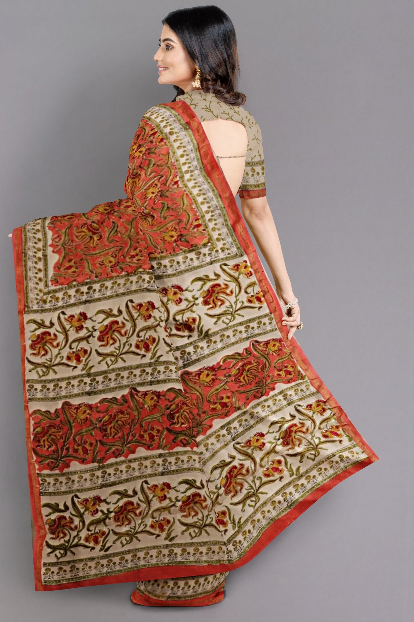 Zaina Chanderi Silk Cotton Saree in Peach Body with Sanganeri Printed Floral & Leafy Motifs Red, Yellow & Light Green Colour with Zari Border - Indian Handloomz