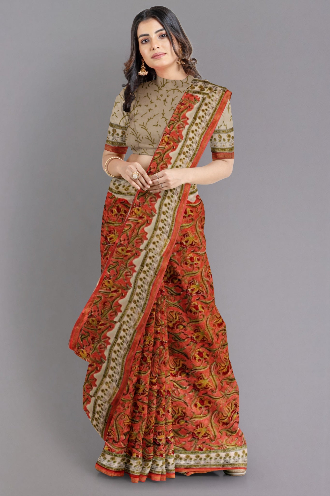 Zaina Chanderi Silk Cotton Saree in Peach Body with Sanganeri Printed Floral & Leafy Motifs Red, Yellow & Light Green Colour with Zari Border - Indian Handloomz