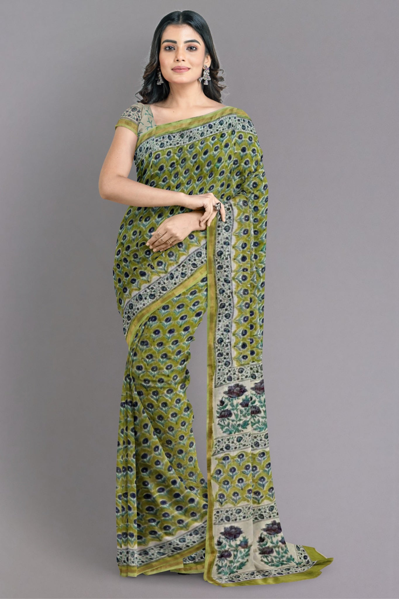 Pihu Chanderi Cotton Silk Saree in Light Pista Green Colour Body, Floral Motifs in Bluish Grey & Turquoise with Zari Border - Indian Handloomz