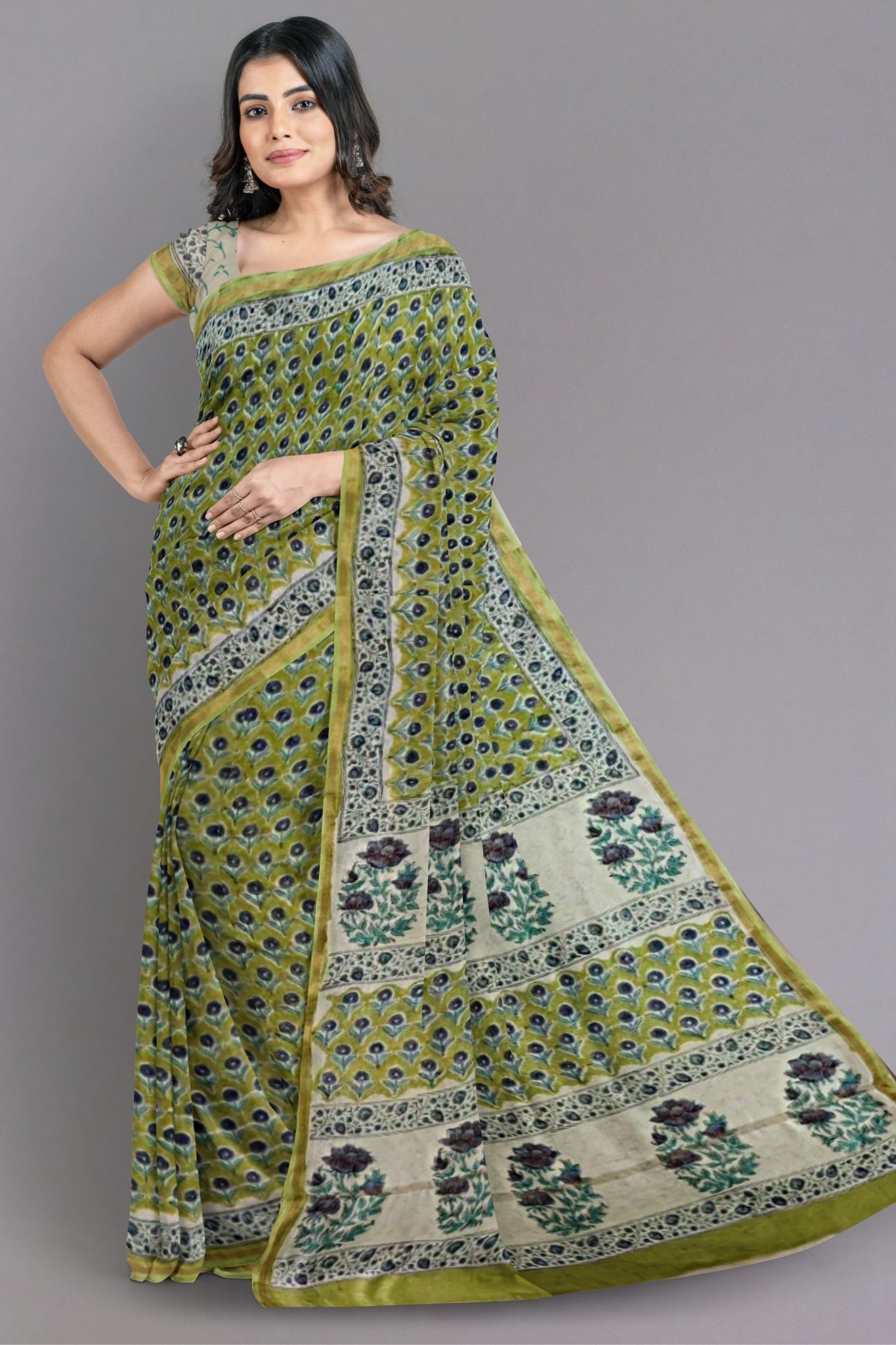 Pihu Chanderi Cotton Silk Saree in Light Pista Green Colour Body, Floral Motifs in Bluish Grey & Turquoise with Zari Border - Indian Handloomz
