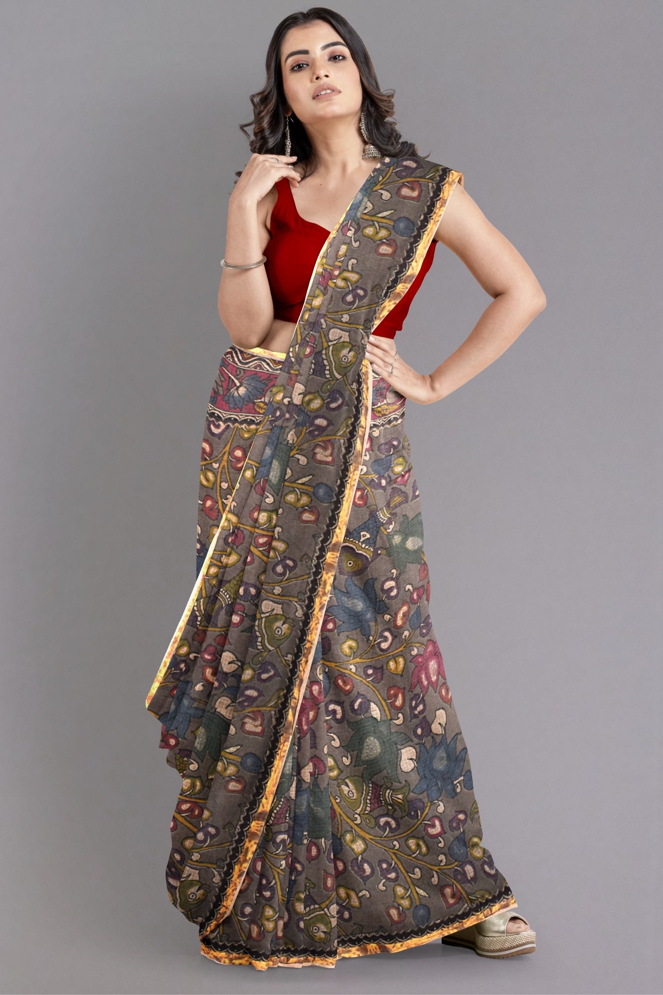 Saisha Kalamkari Saree Handblock Printed in Multicolour with Hues of Grey, Maroon, Blue & Yellow - Indian Handloomz