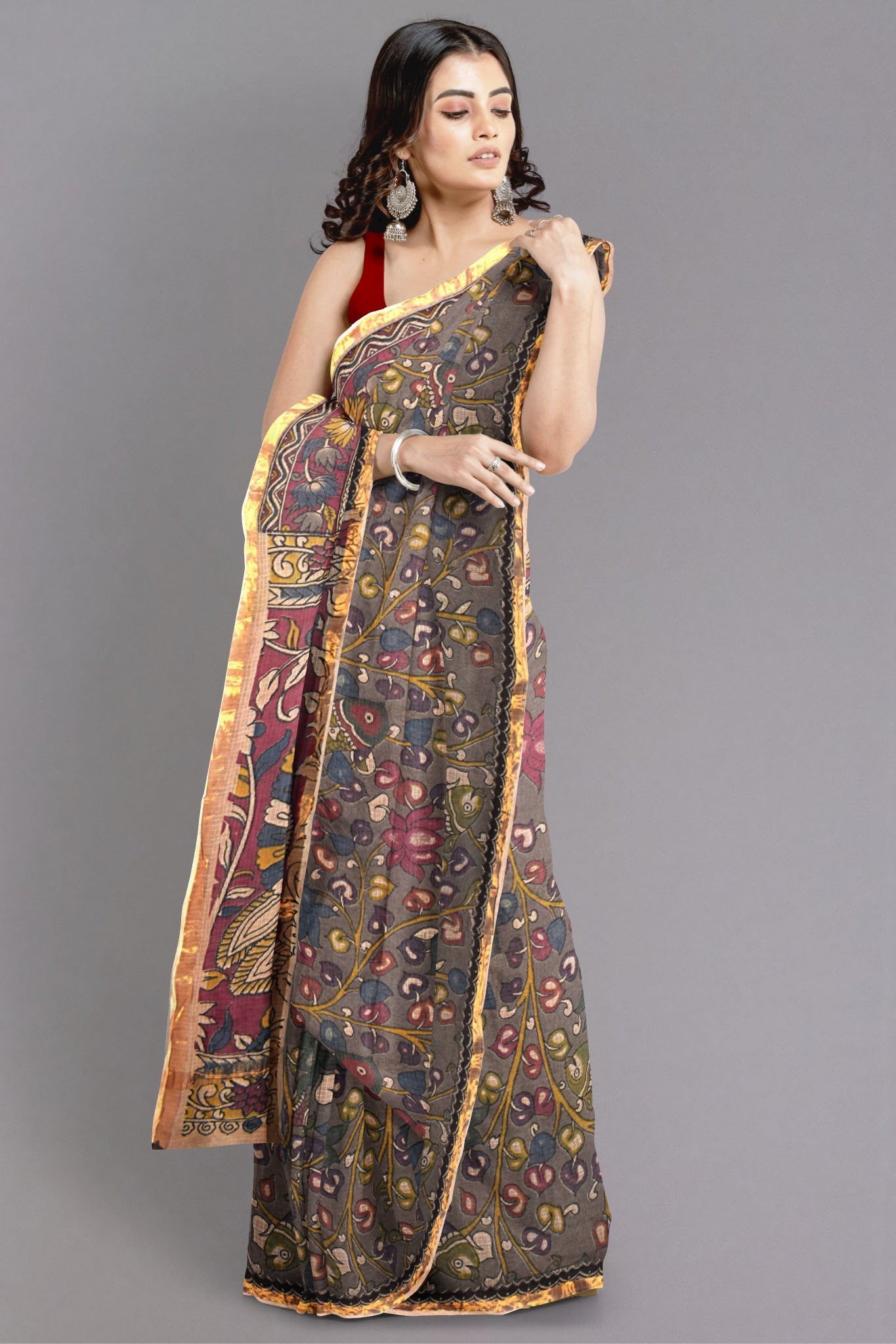 Saisha Kalamkari Saree Handblock Printed in Multicolour with Hues of Grey, Maroon, Blue & Yellow - Indian Handloomz