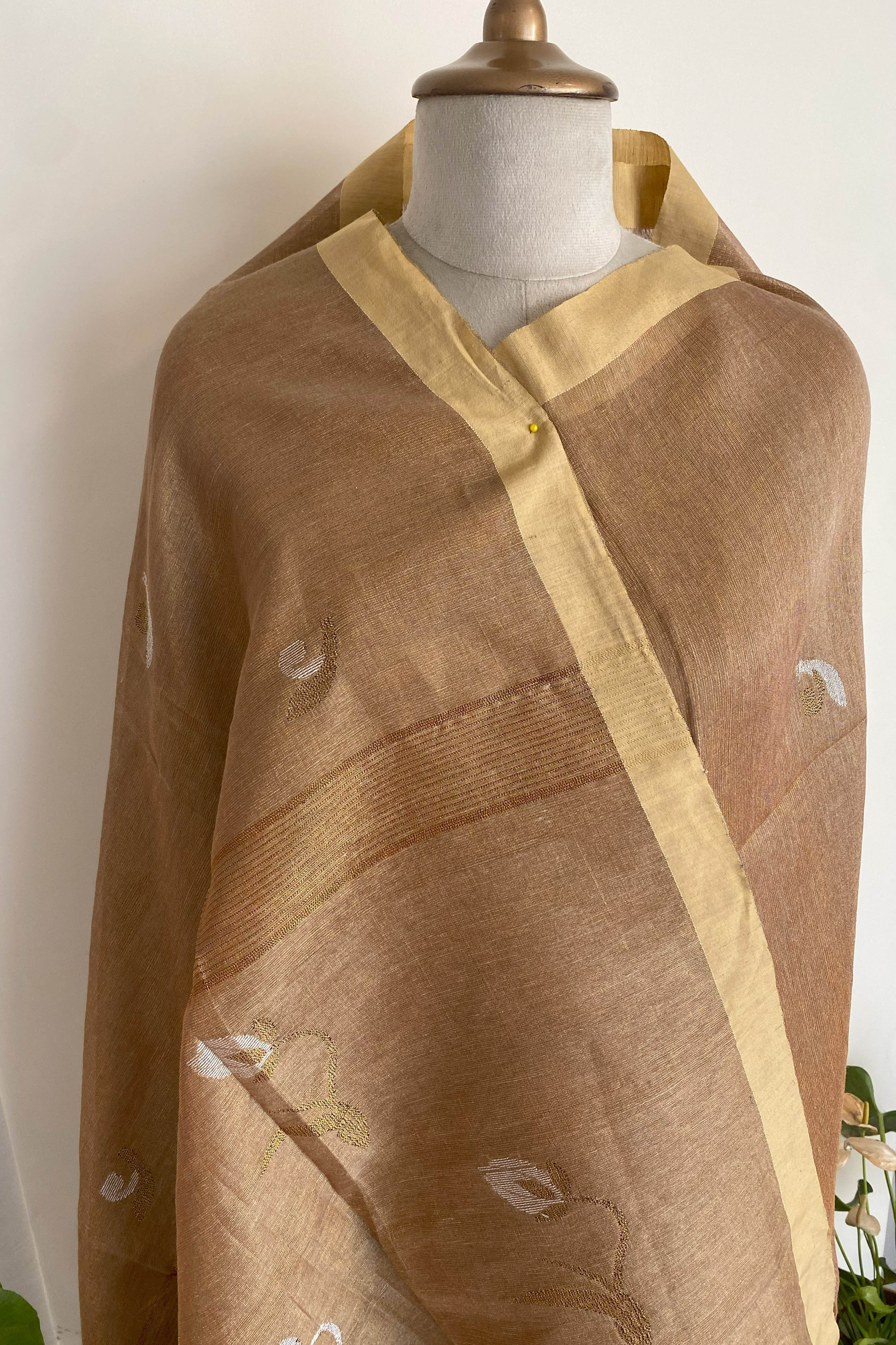 Ira Tissue Linen Saree in Golden Brown & Yellow Border - Indian Handloomz