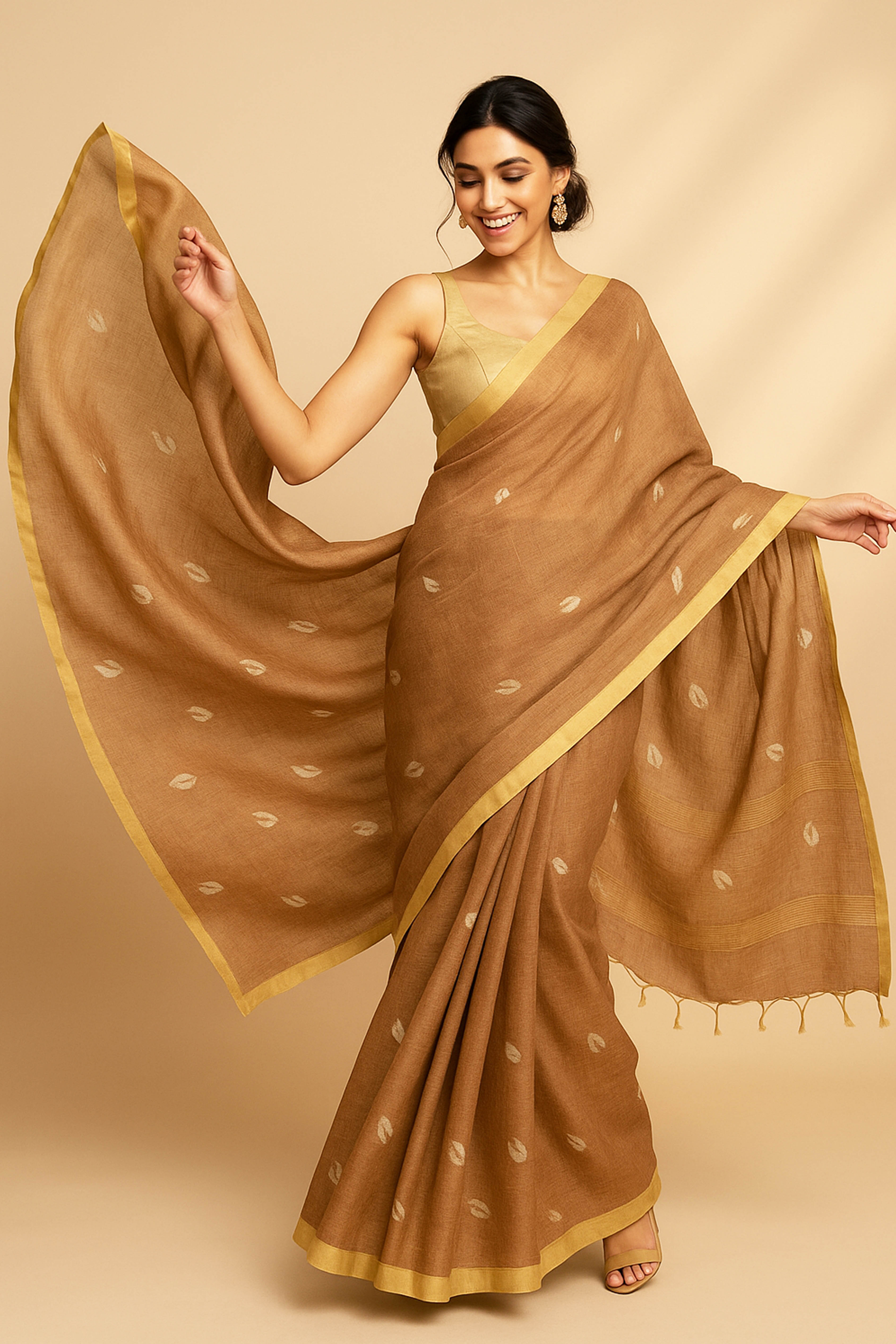 Ira Tissue Linen Saree in Golden Brown & Yellow Border - Indian Handloomz