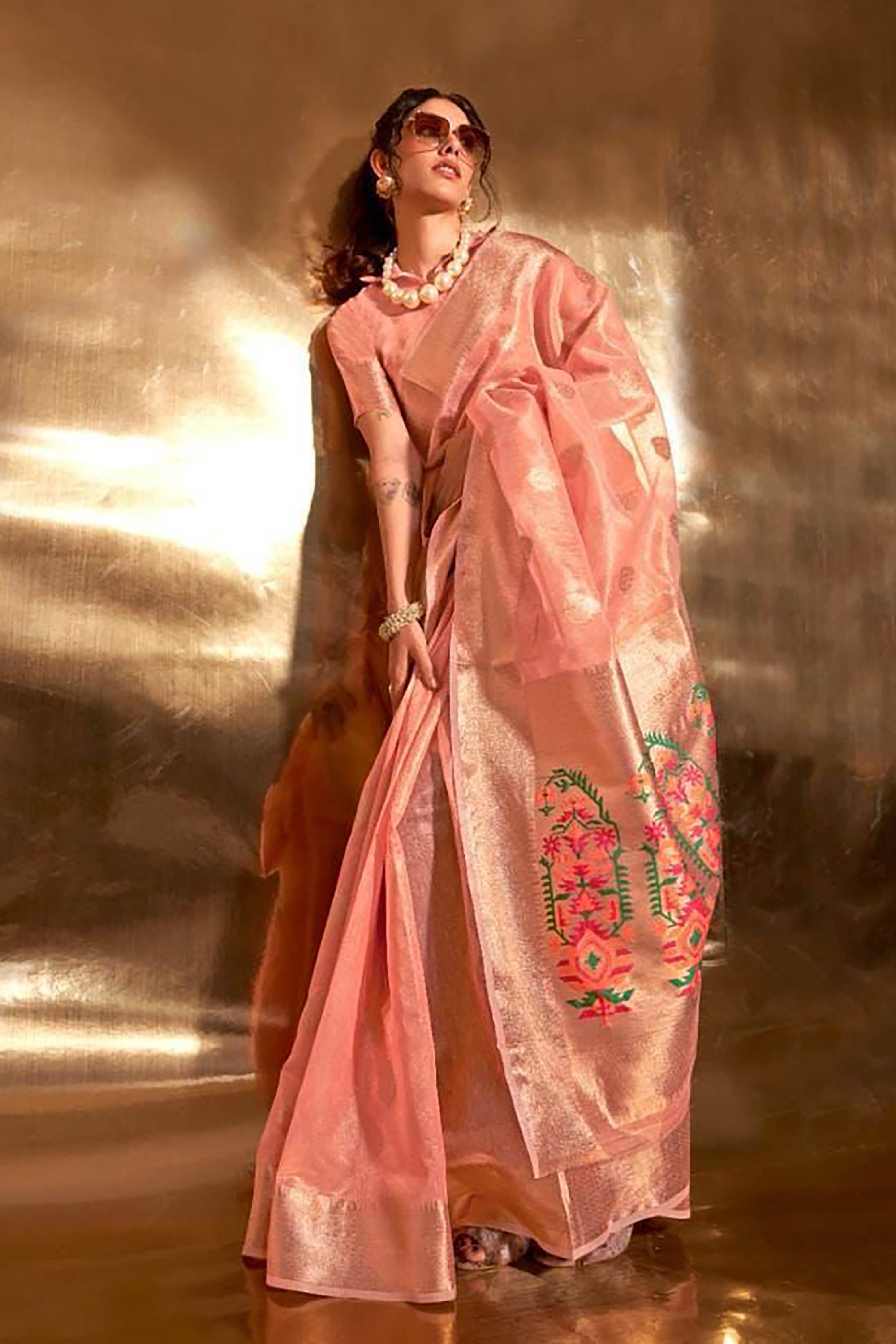 Vidhatri Tissue Linen Paithani Saree in Peach Colour with Zari & Thread Woven Pallu. - Indian Handloomz