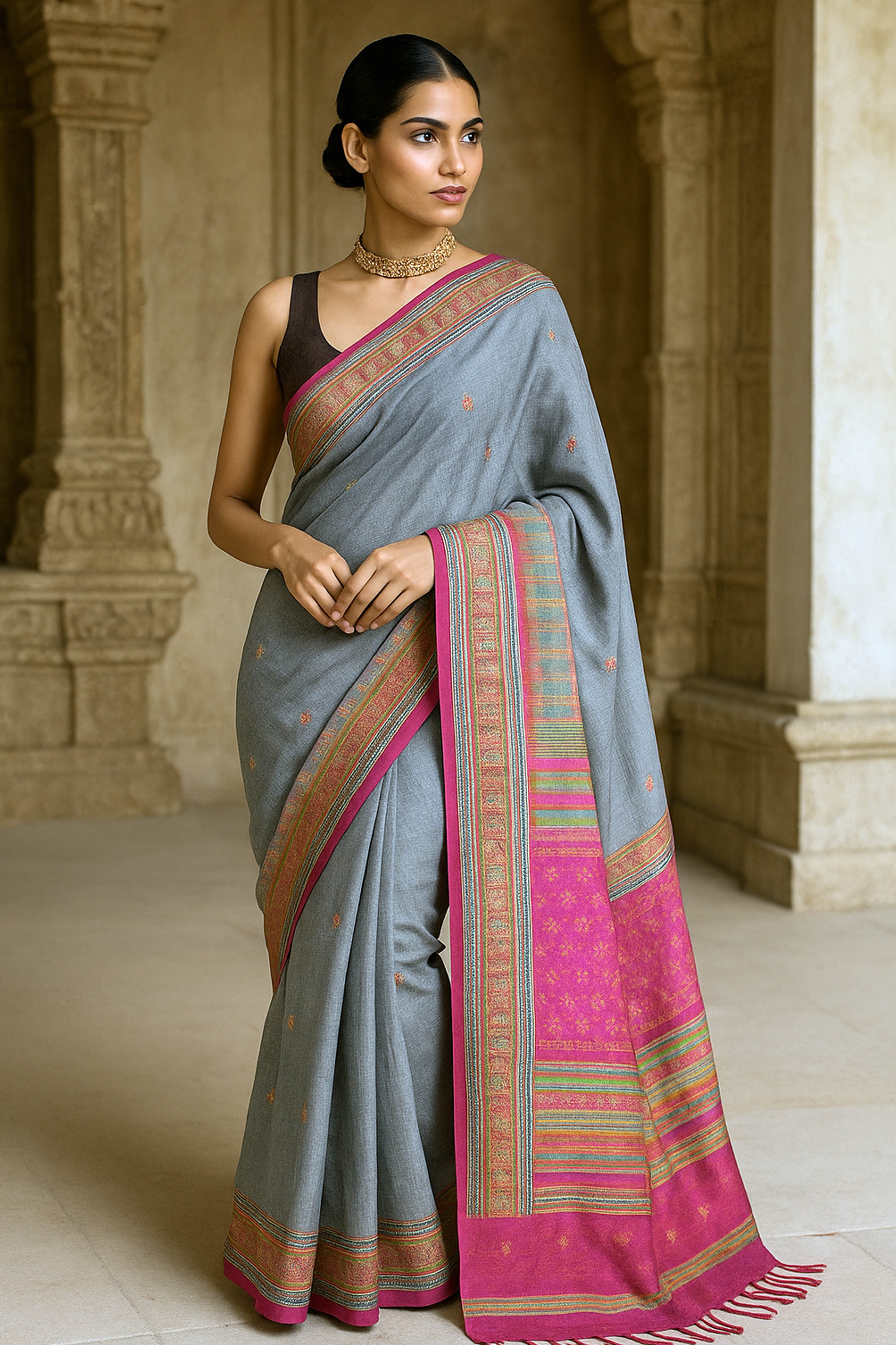 Rashmita Jamdani Assam Cotton Saree in Grey, Pink and Green Colour - Indian Handloomz