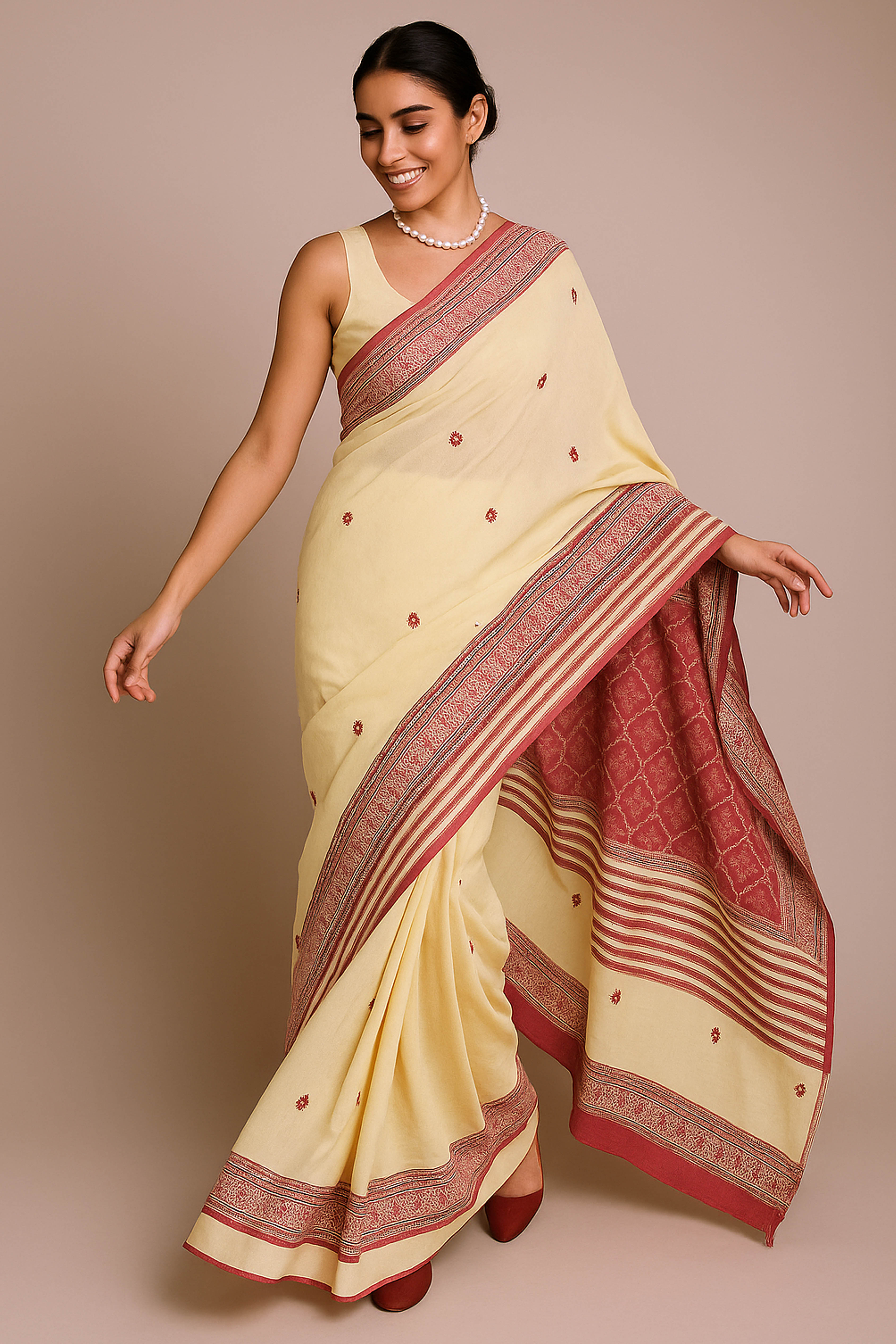 Pragya Jamdani Assam Cotton Saree in Beige, Red and Black Colour - Indian Handloomz