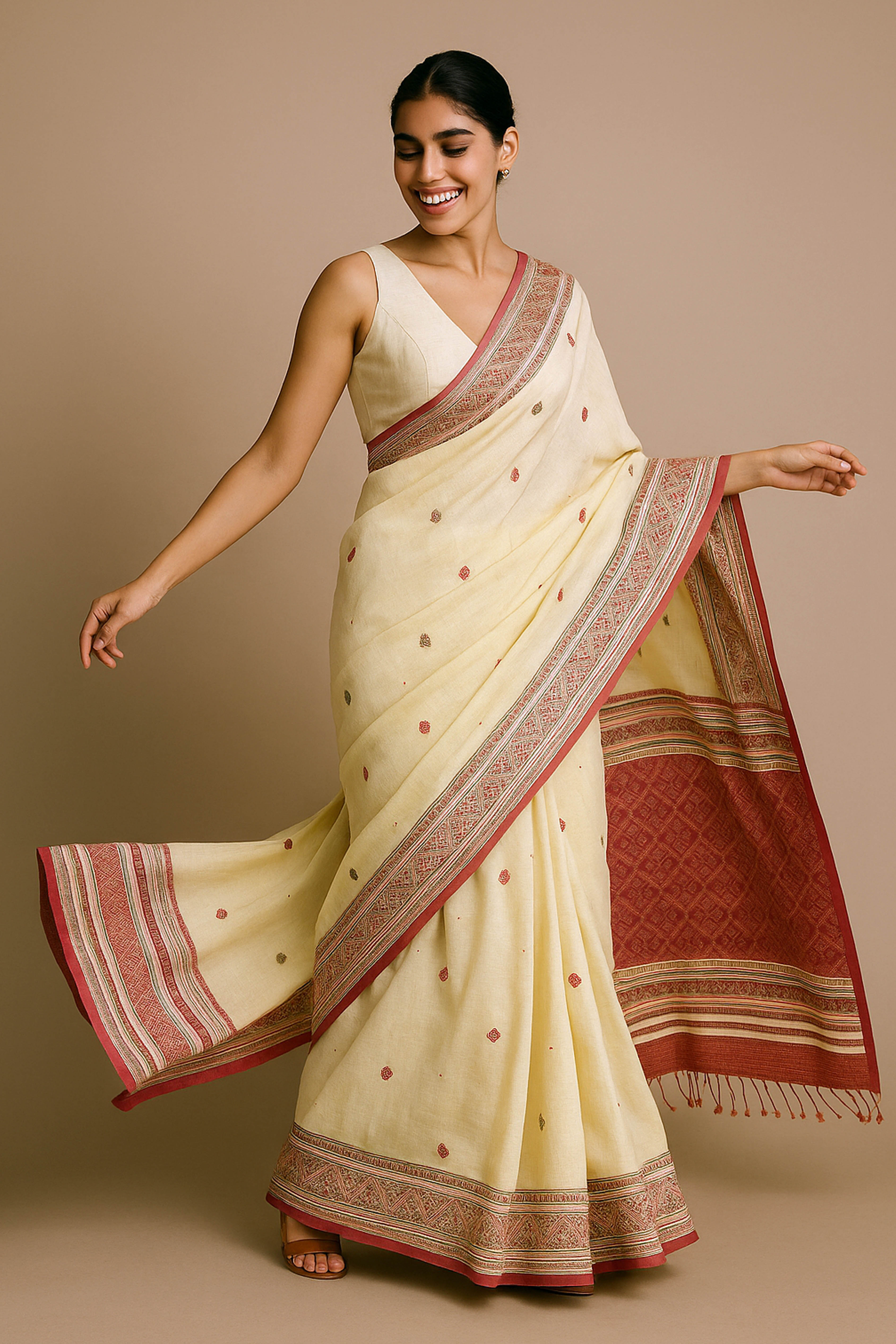 Pragya Jamdani Assam Cotton Saree in Beige, Red and Black Colour - Indian Handloomz