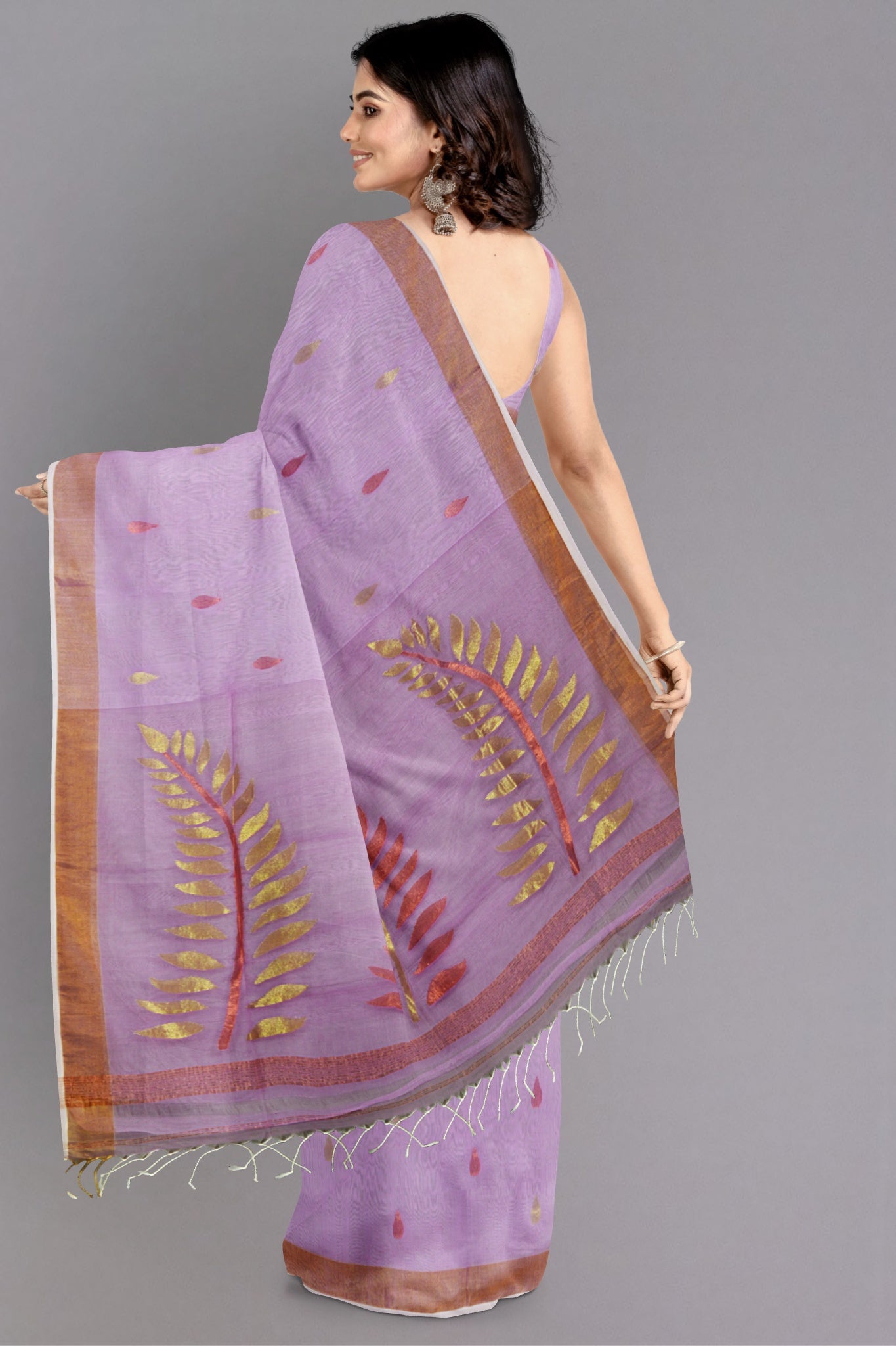 Kriya Cotton Silk Saree, Handblock Bagh Print in Soft Lilac with Gold & Copper Leaf Motifs - Indian Handloomz