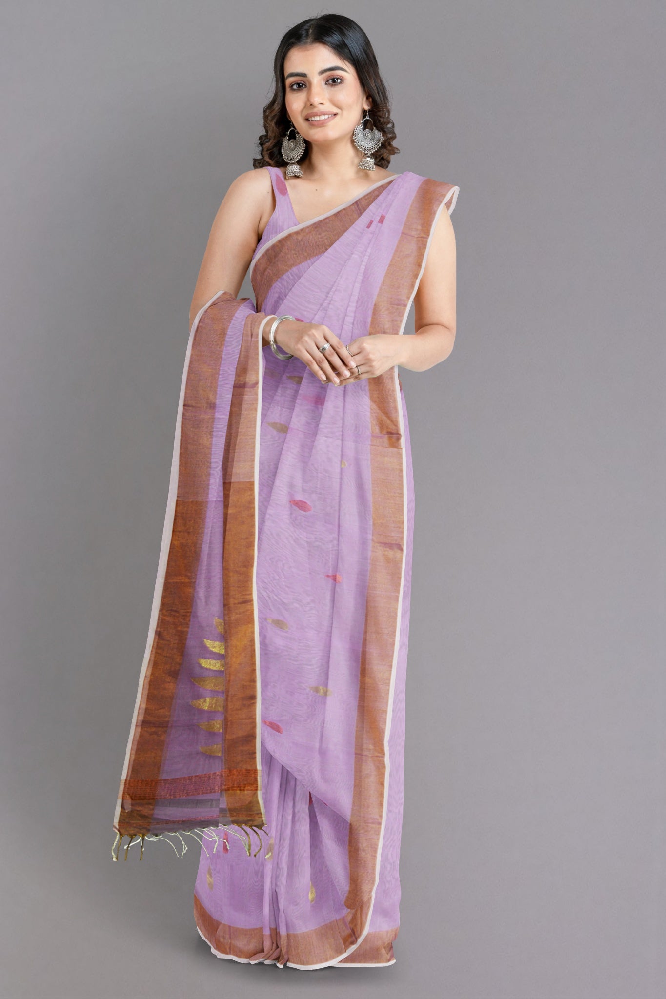 Kriya Cotton Silk Saree, Handblock Bagh Print in Soft Lilac with Gold & Copper Leaf Motifs - Indian Handloomz