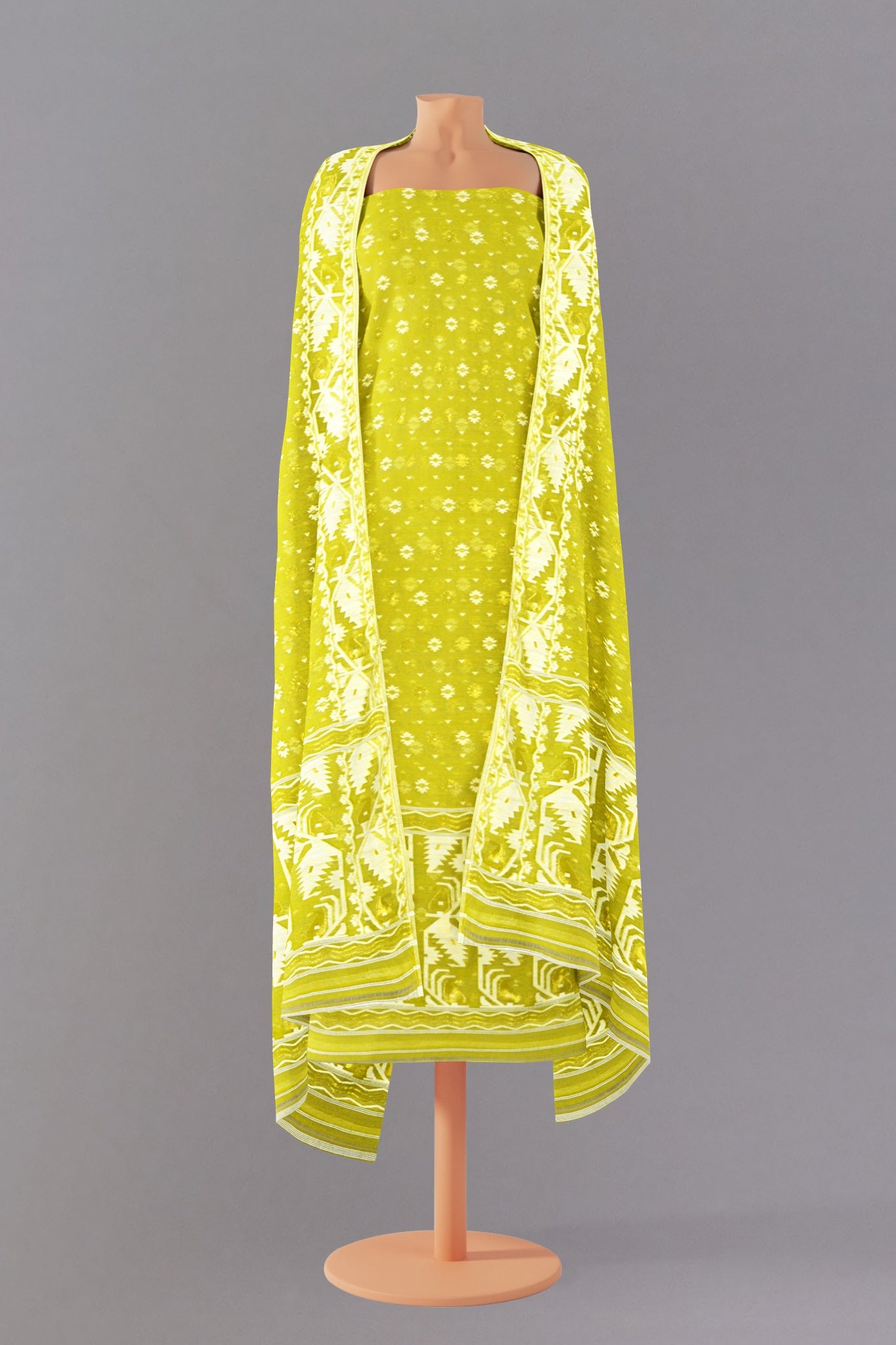 Saachi Pure Cotton Silk Unstitched Suit Set in Lime Green Colour with White & Golden Jamdani weave - Indian Handloomz