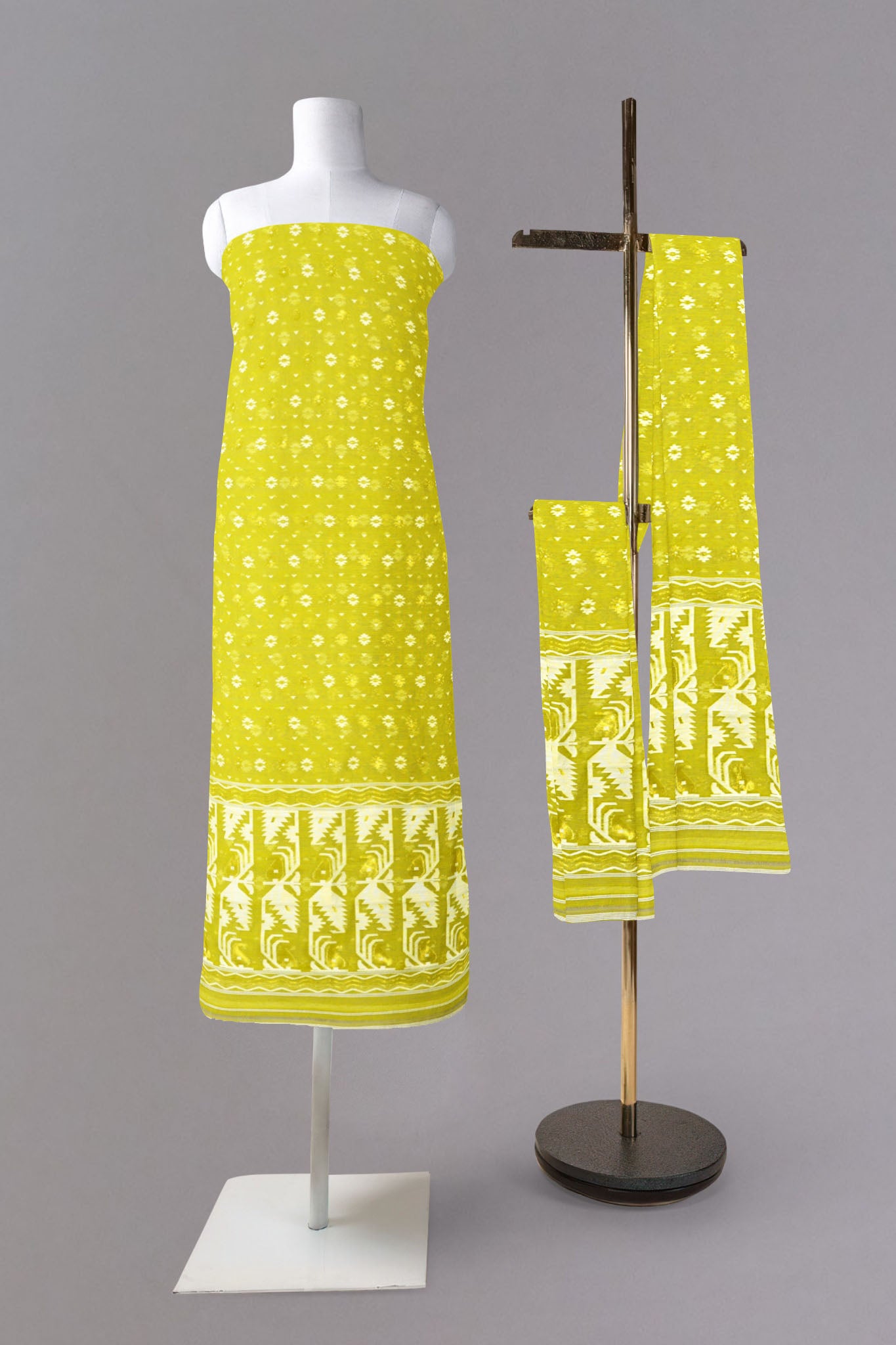 Saachi Pure Cotton Silk Unstitched Suit Set in Lime Green Colour with White & Golden Jamdani weave - Indian Handloomz