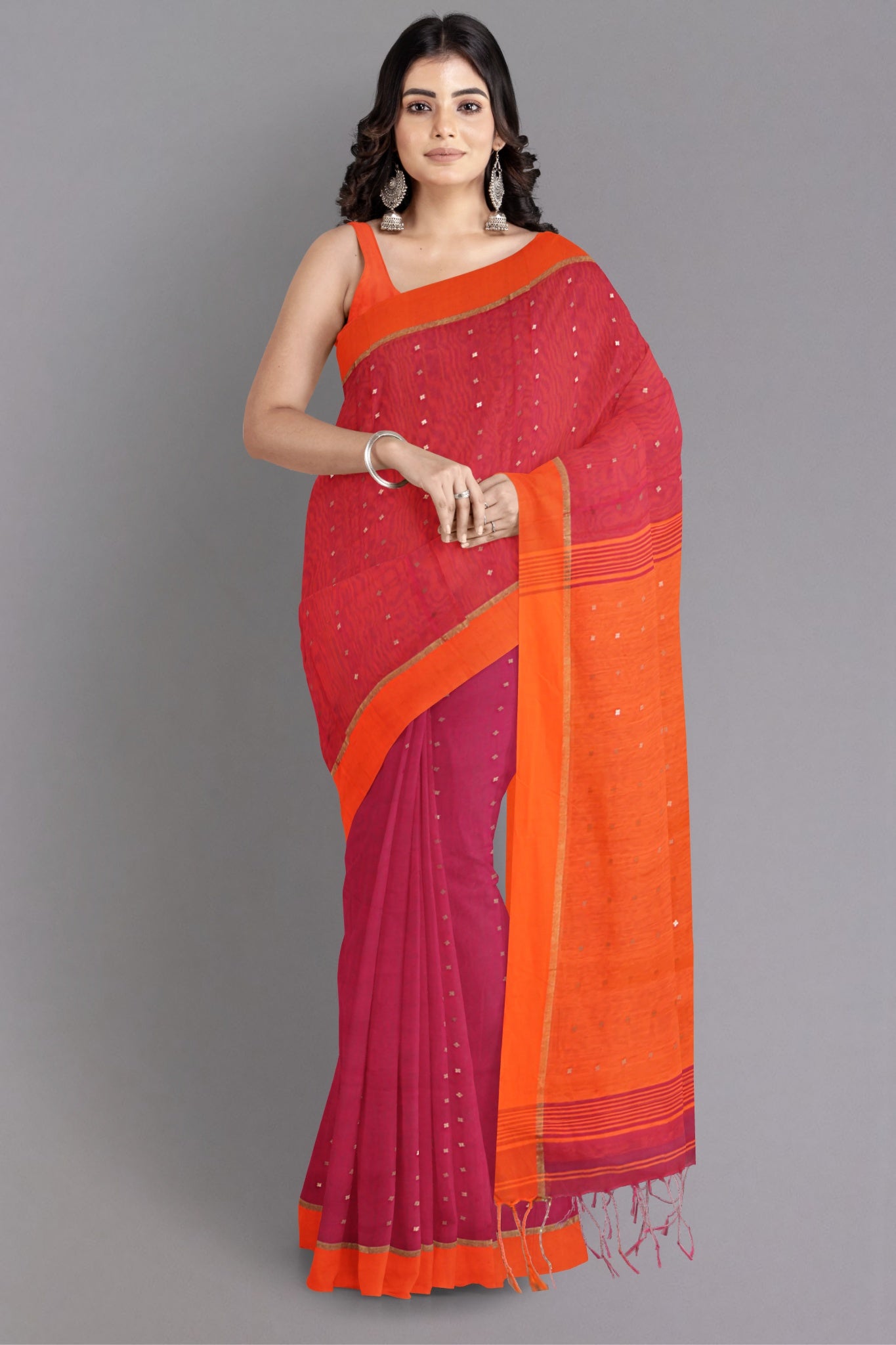 Kiran Cotton Silk Saree in Bold Fuchsia & Rich Tangerine Anchal - Indian Handloomz