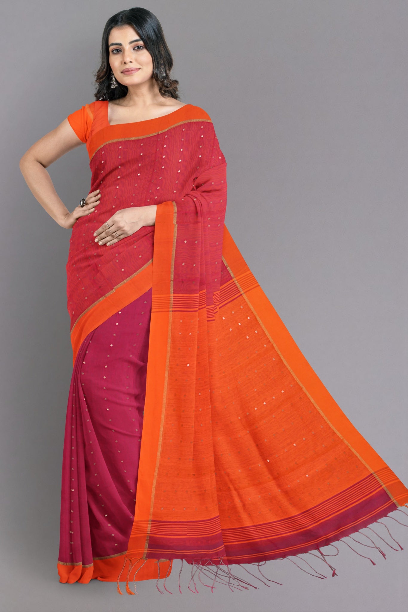 Kiran Cotton Silk Saree in Bold Fuchsia & Rich Tangerine Anchal - Indian Handloomz