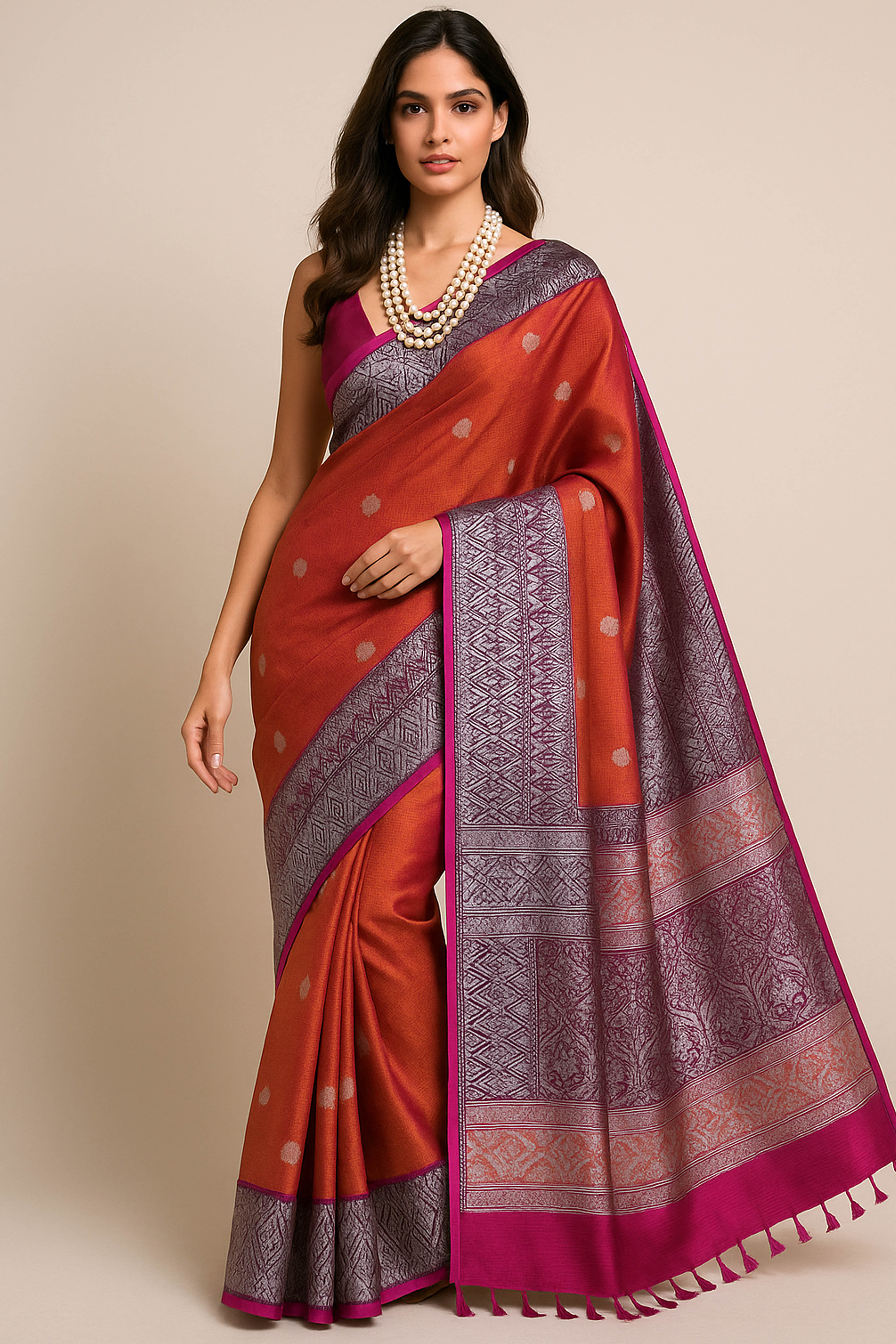 Surkhi Tissue Linen Saree with Banarasi Weave in Two Tone Shades of Reddish Pink with Golden - Indian Handloomz