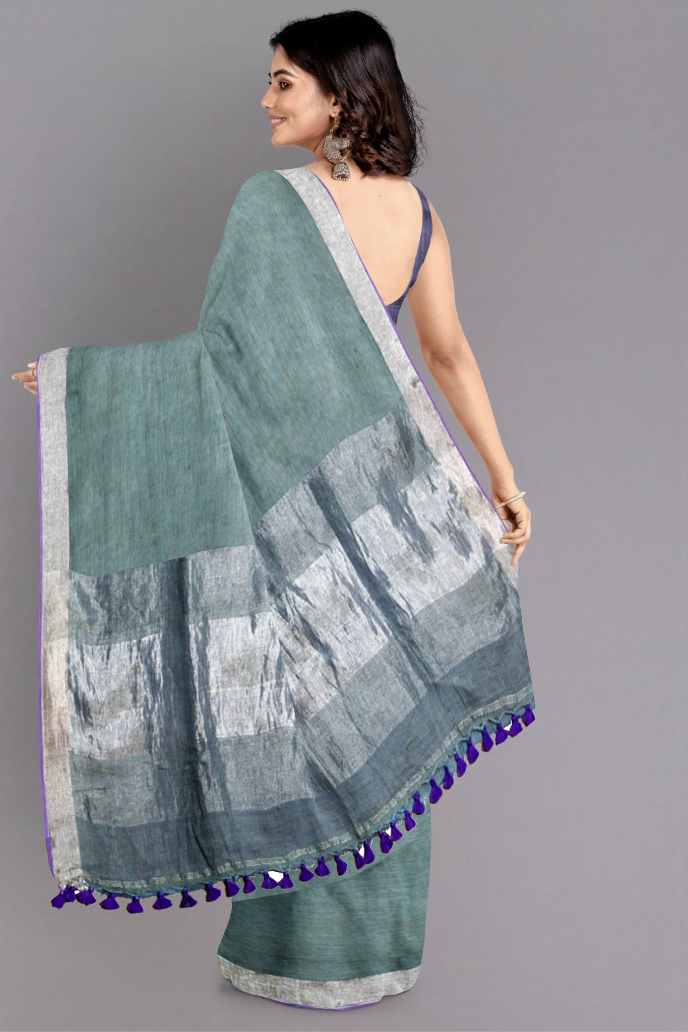 Medha Pure Tissue Linen Saree in Grey and Purple Colour - Indian Handloomz