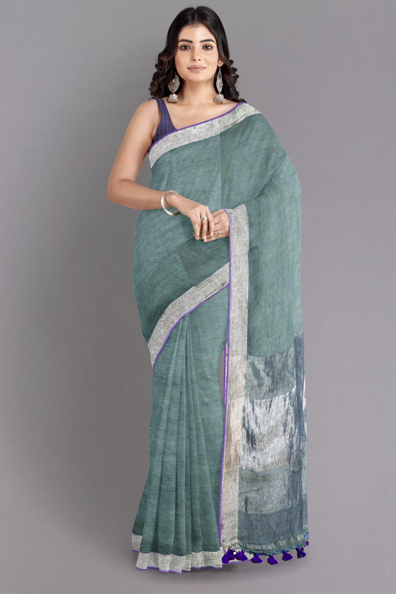 Medha Pure Tissue Linen Saree in Grey and Purple Colour - Indian Handloomz