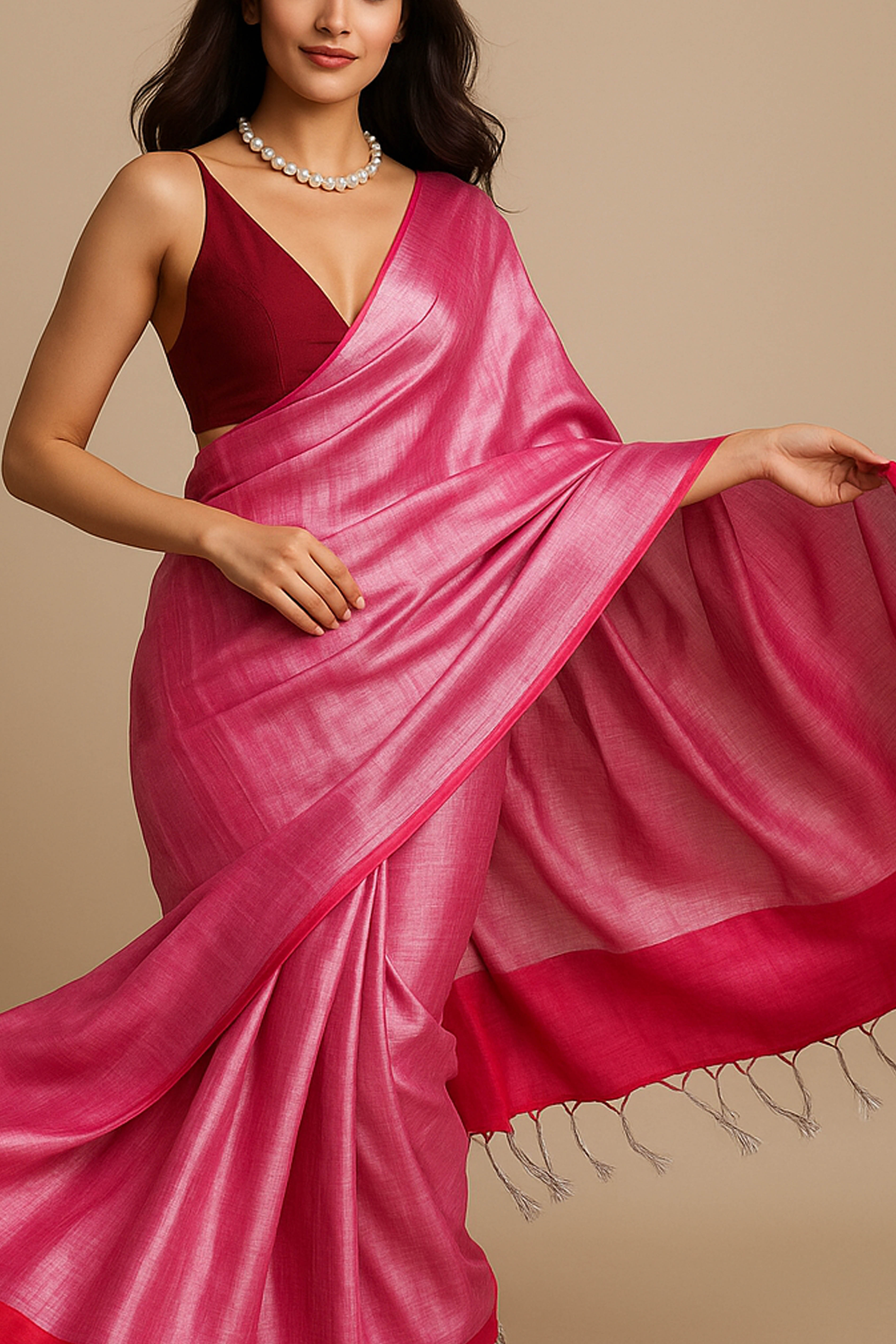 Megha Pure Tissue Linen Saree in Rose Red Colour - Indian Handloomz