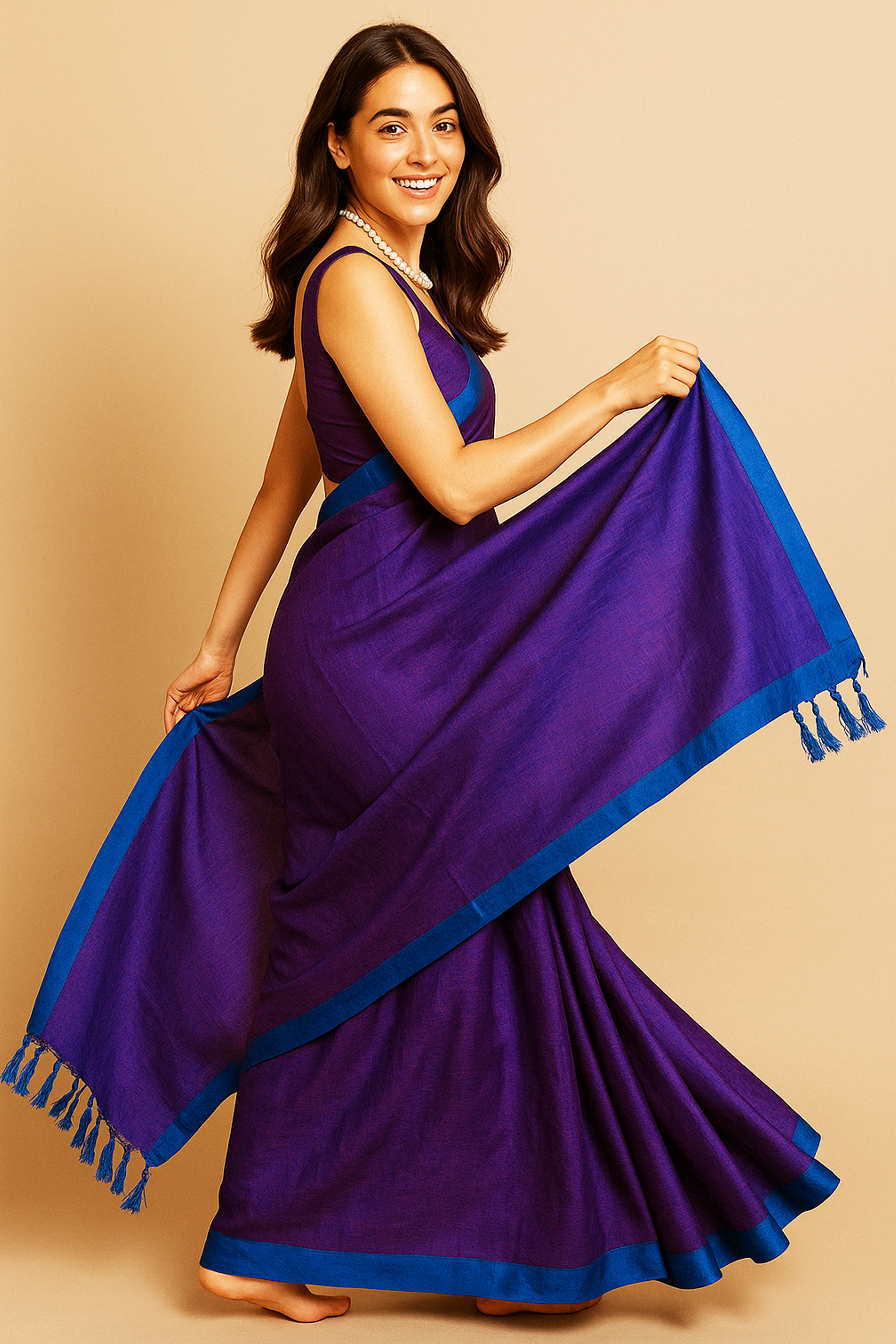 Sahana Pure Tissue Linen Saree in Aubergine Colour - Indian Handloomz
