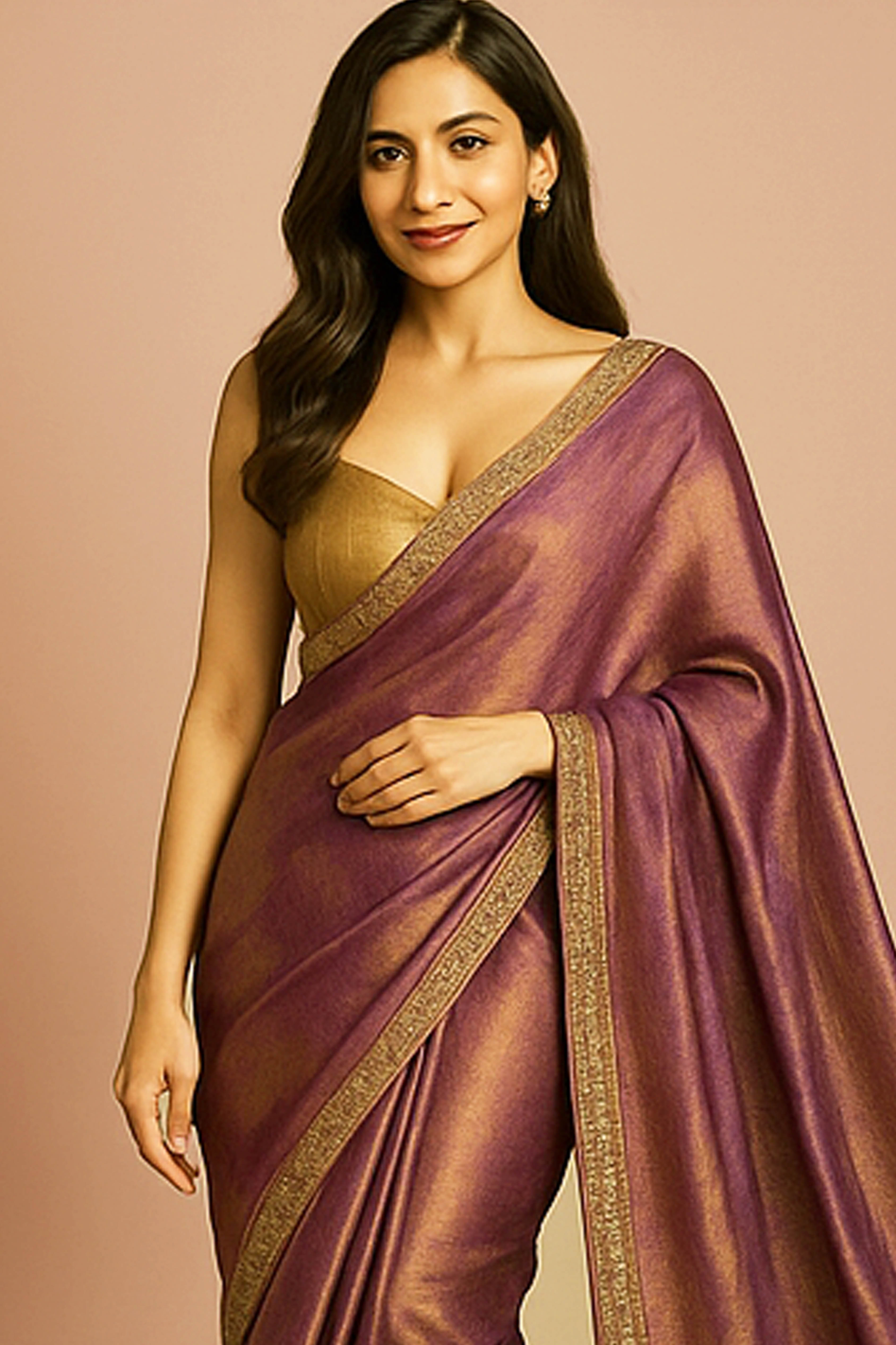 Urja Pure Tissue Linen Saree in Purple & Gold Shades with Zardosi Border & Pearl Embedded - Indian Handloomz