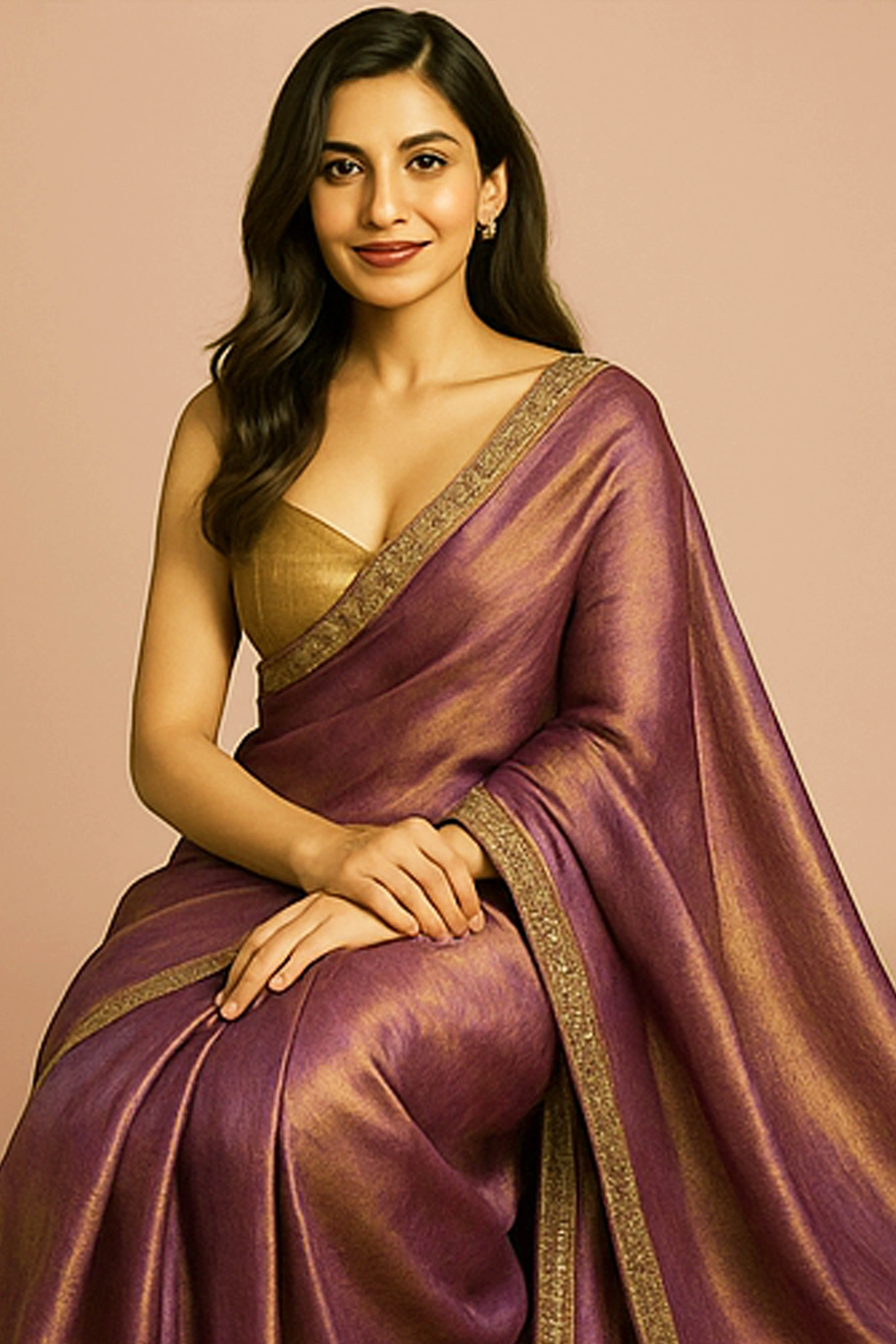 Urja Pure Tissue Linen Saree in Purple & Gold Shades with Zardosi Border & Pearl Embedded - Indian Handloomz
