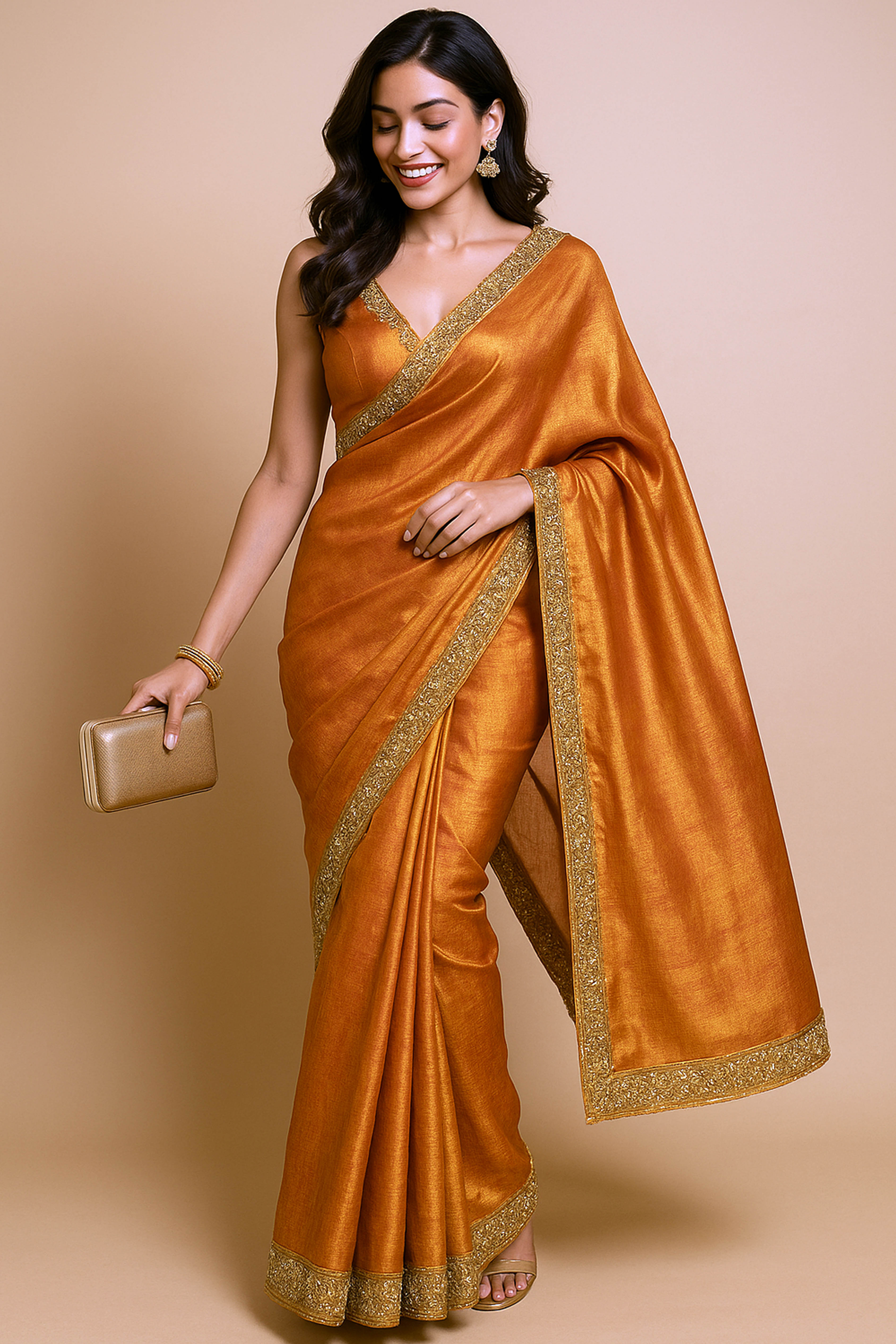 Arpita Pure Tissue Linen Saree in Orange & Gold Shades with Zardosi Border - Indian Handloomz