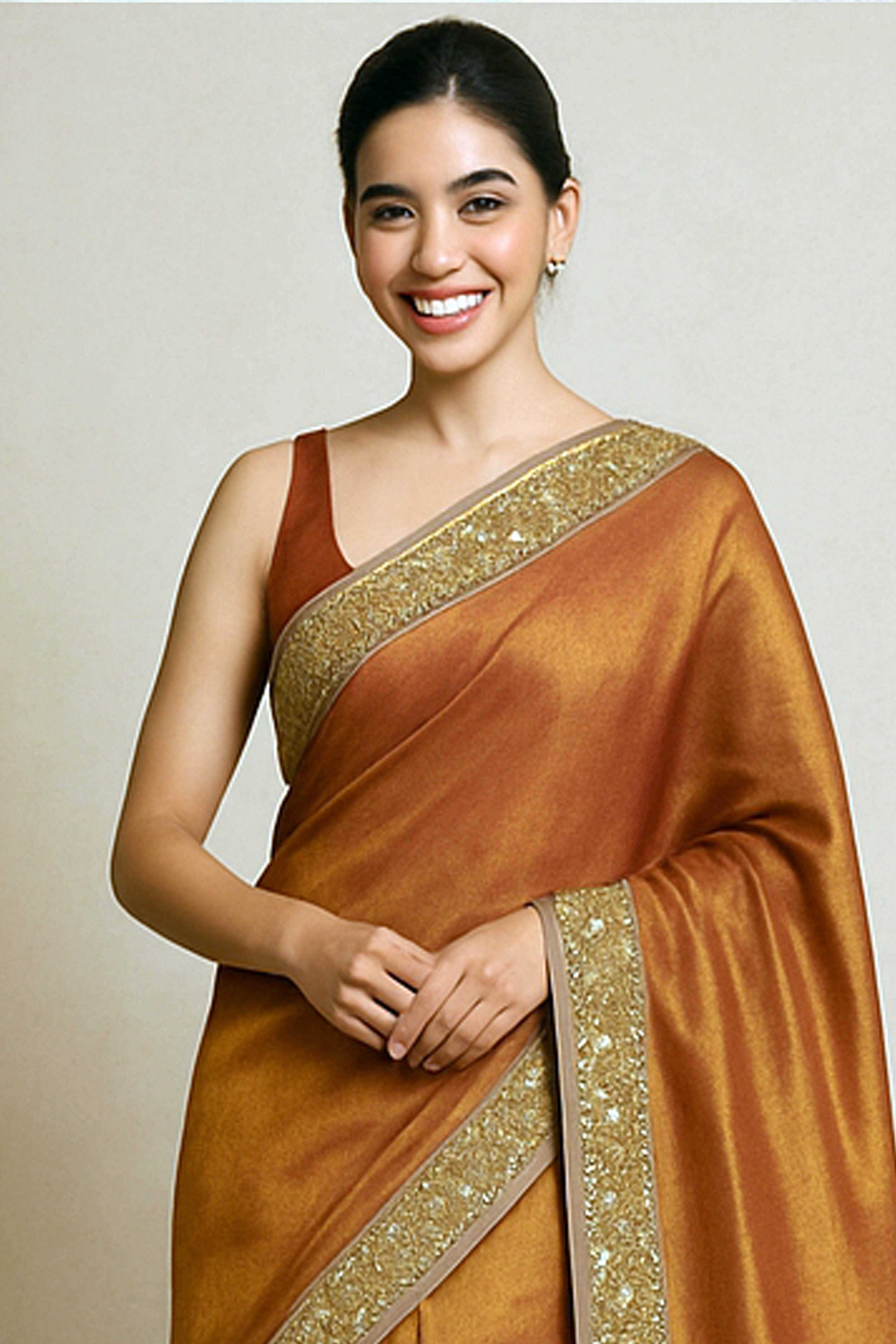 Arpita Pure Tissue Linen Saree in Orange & Gold Shades with Zardosi Border - Indian Handloomz