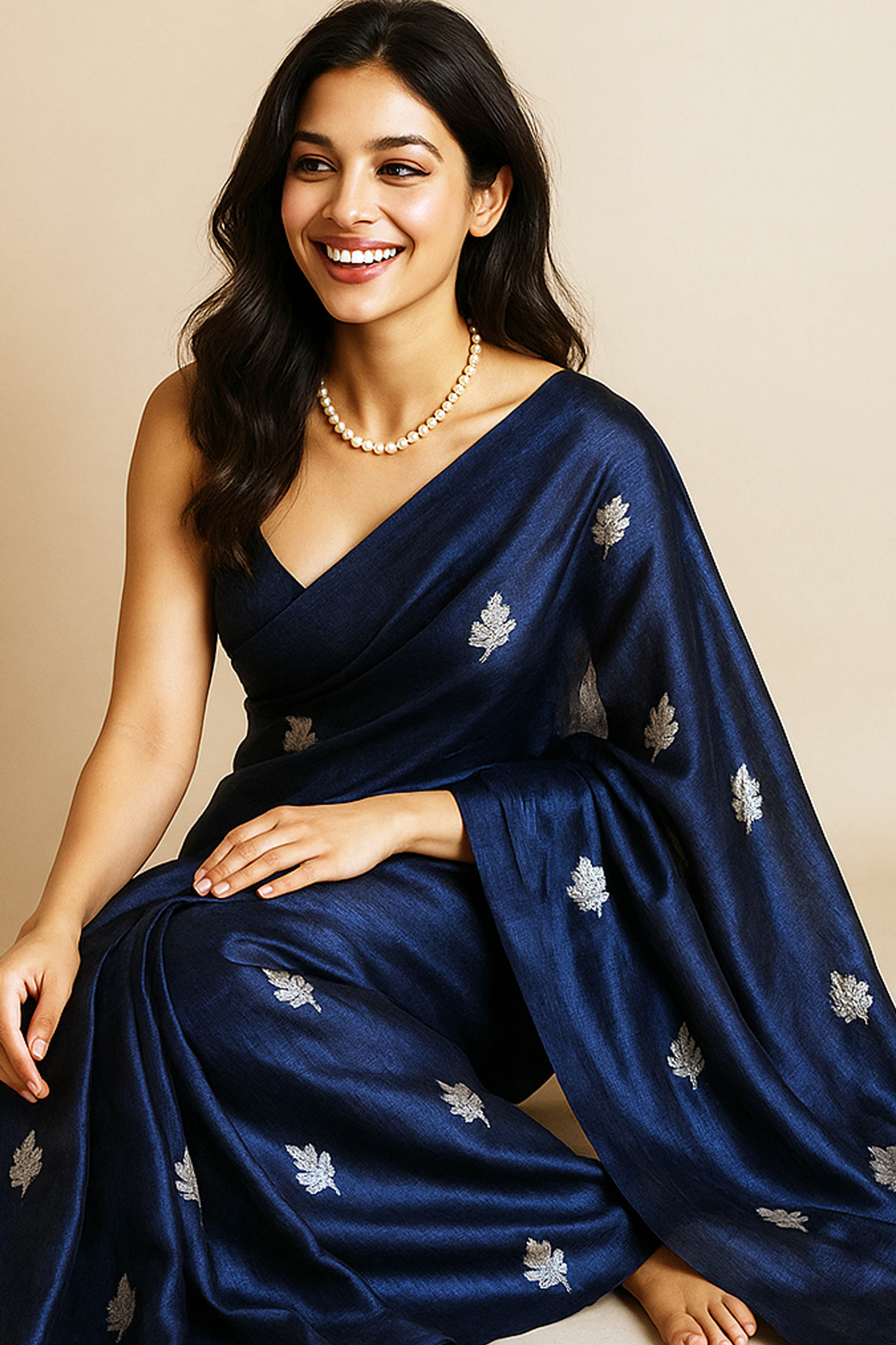 Ahana Pure Tissue Linen Saree in Navy Blue Colour with Silver Floral Embroidery - Indian Handloomz