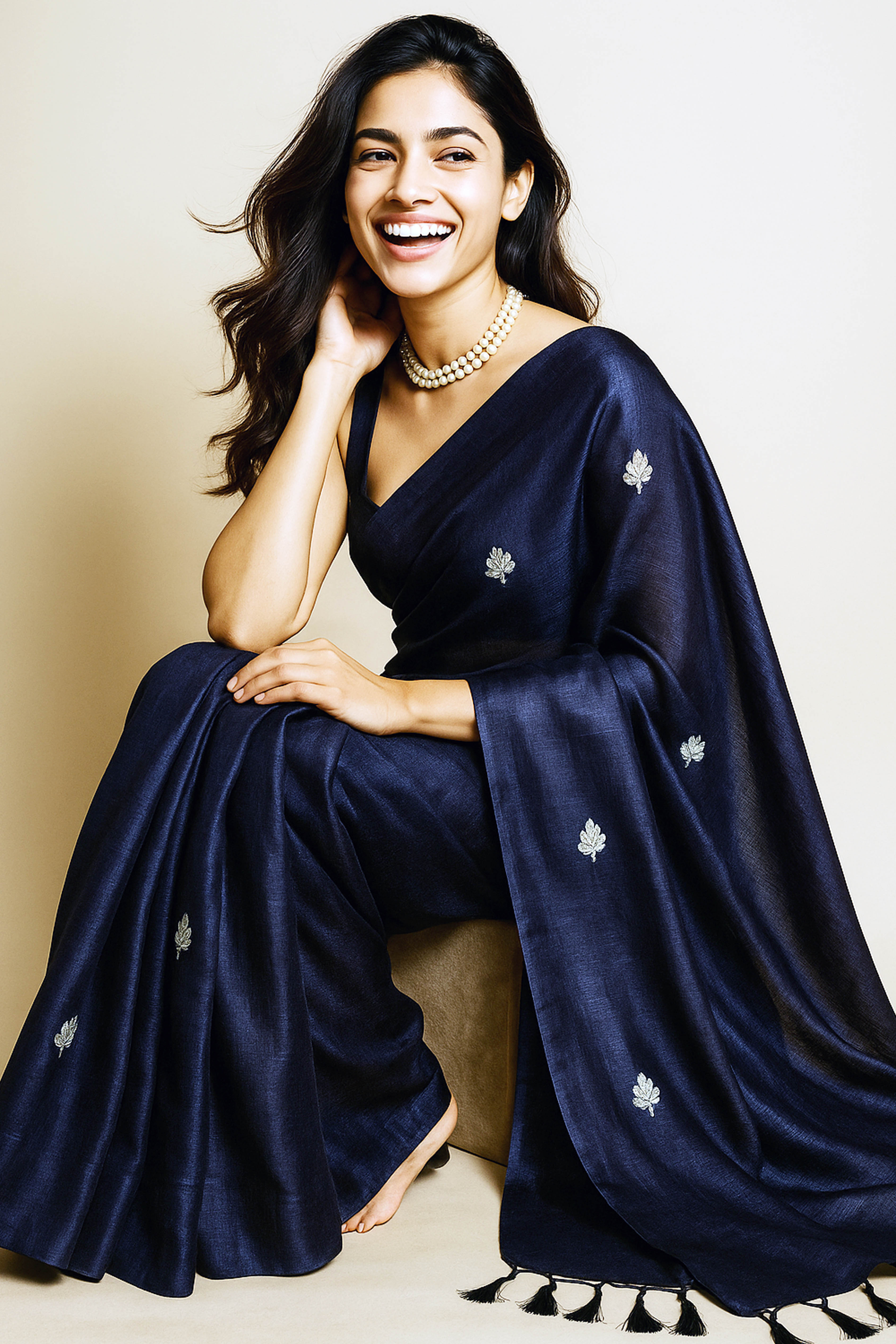 Ahana Pure Tissue Linen Saree in Navy Blue Colour with Silver Floral Embroidery - Indian Handloomz