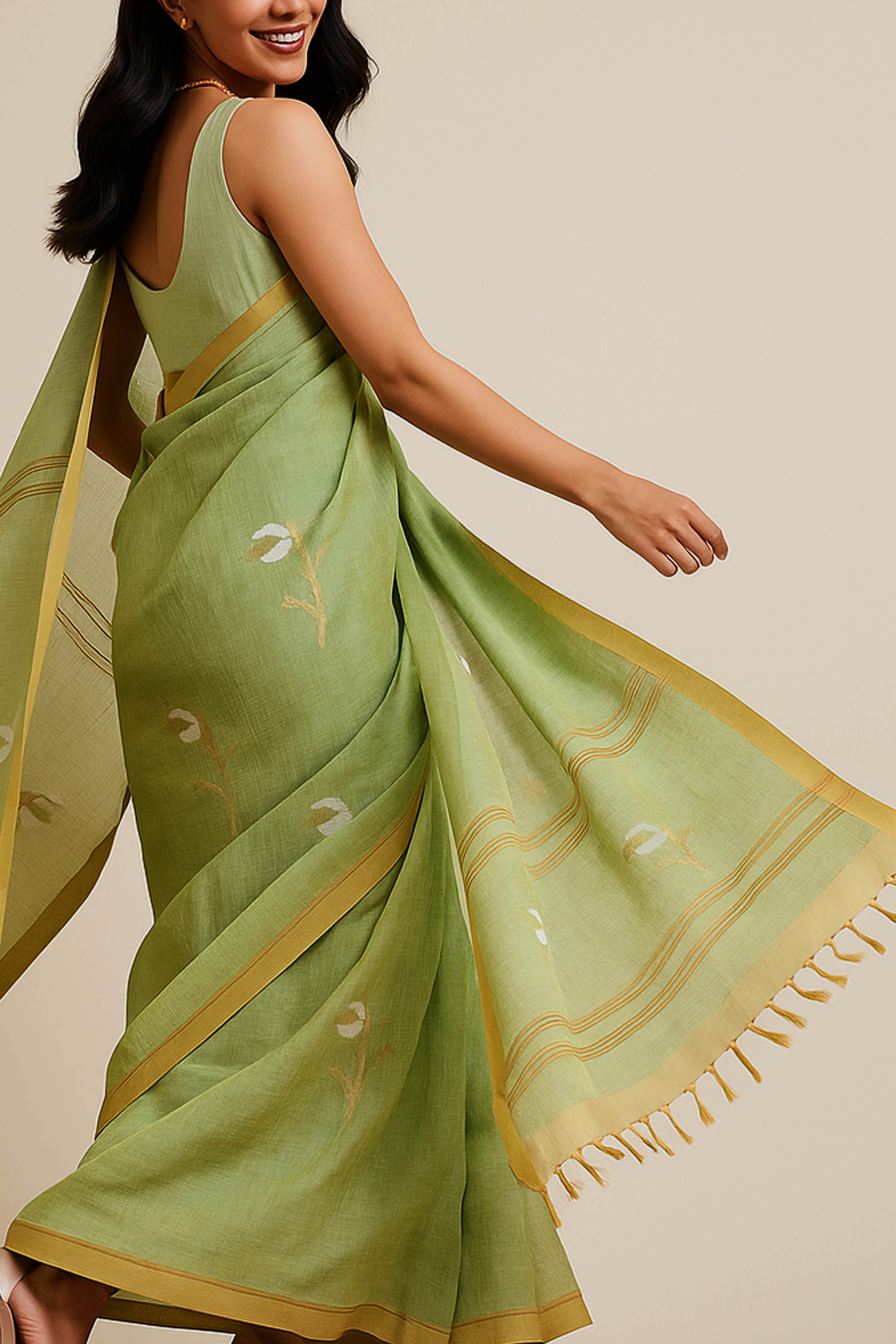 Suchi Tissue Linen Saree in Basil Green Colour & Yellow Border