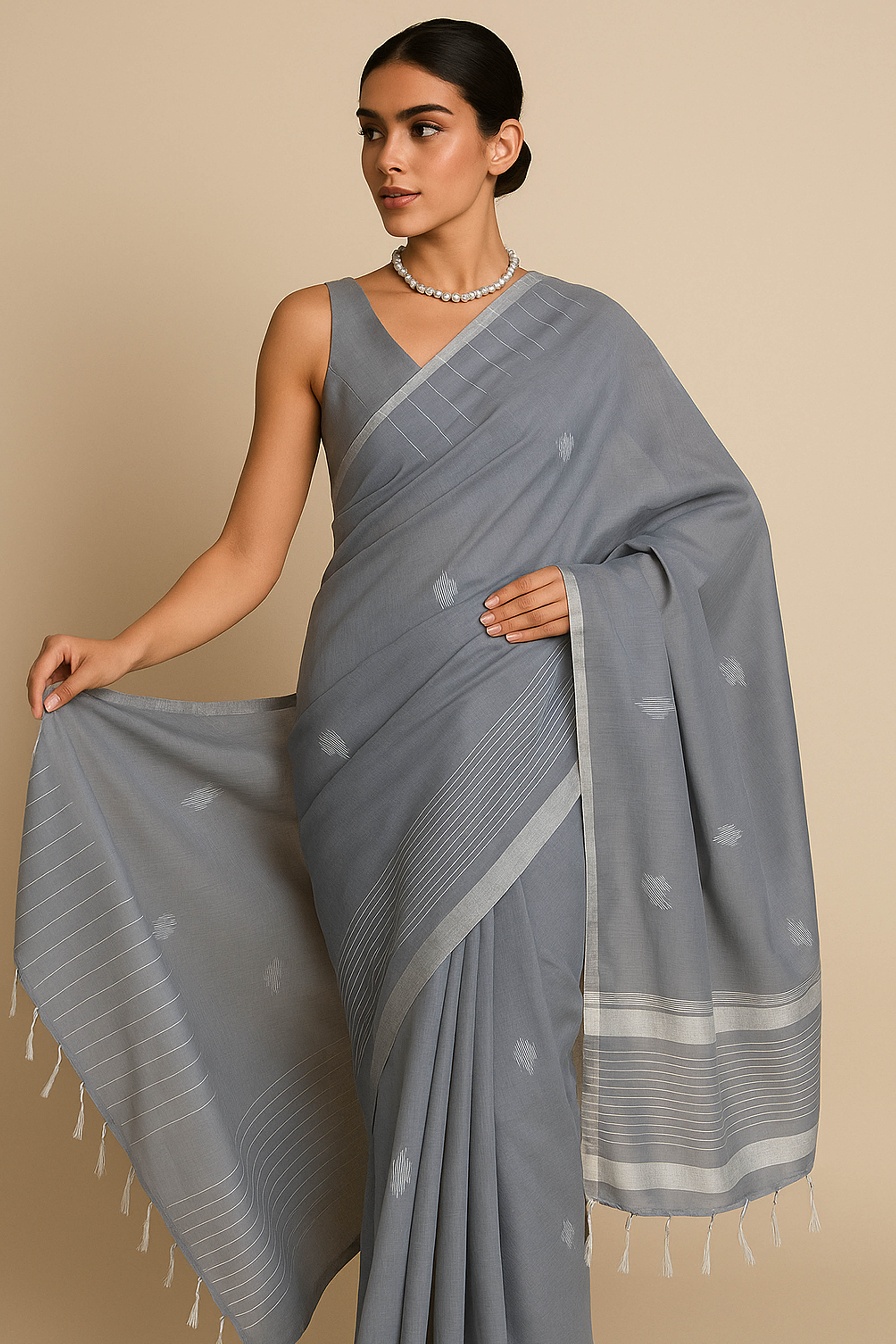 Jamdani Cotton Tissue Saree in Grey - Indian Handloomz