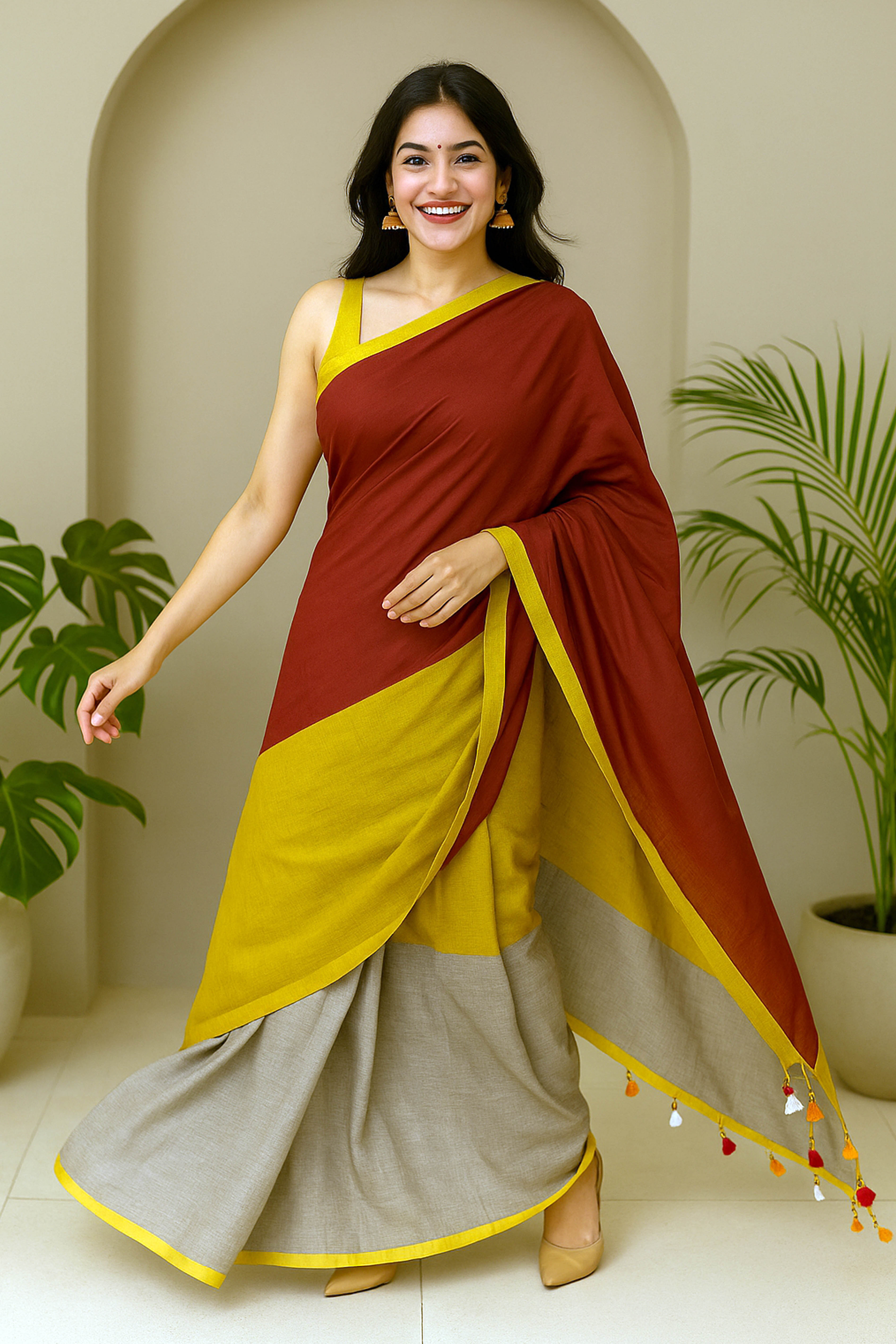 Jamdani Mul Cotton Rainbow Saree in Brown & Yellow - Indian Handloomz