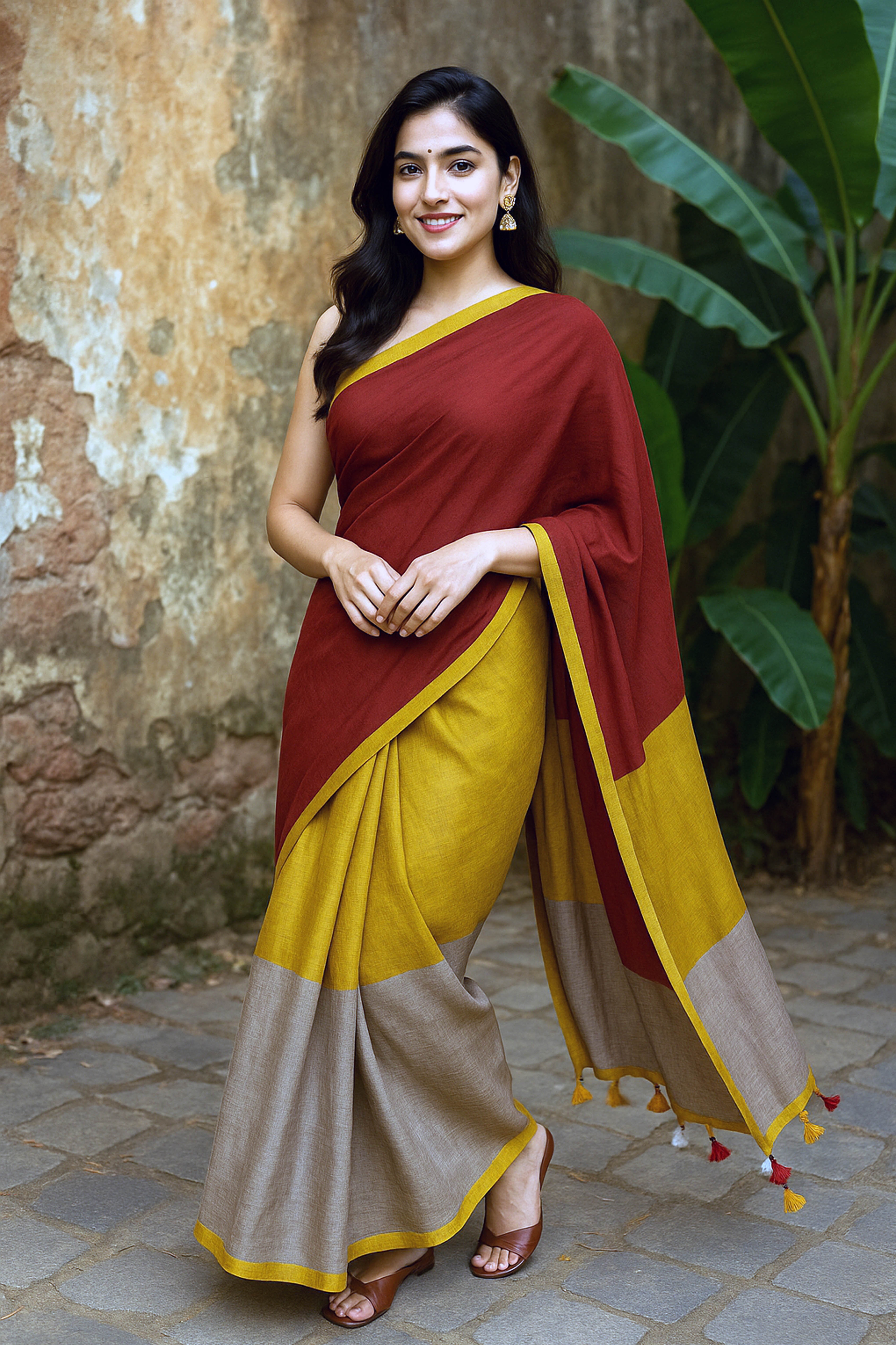 Jamdani Mul Cotton Rainbow Saree in Brown & Yellow - Indian Handloomz