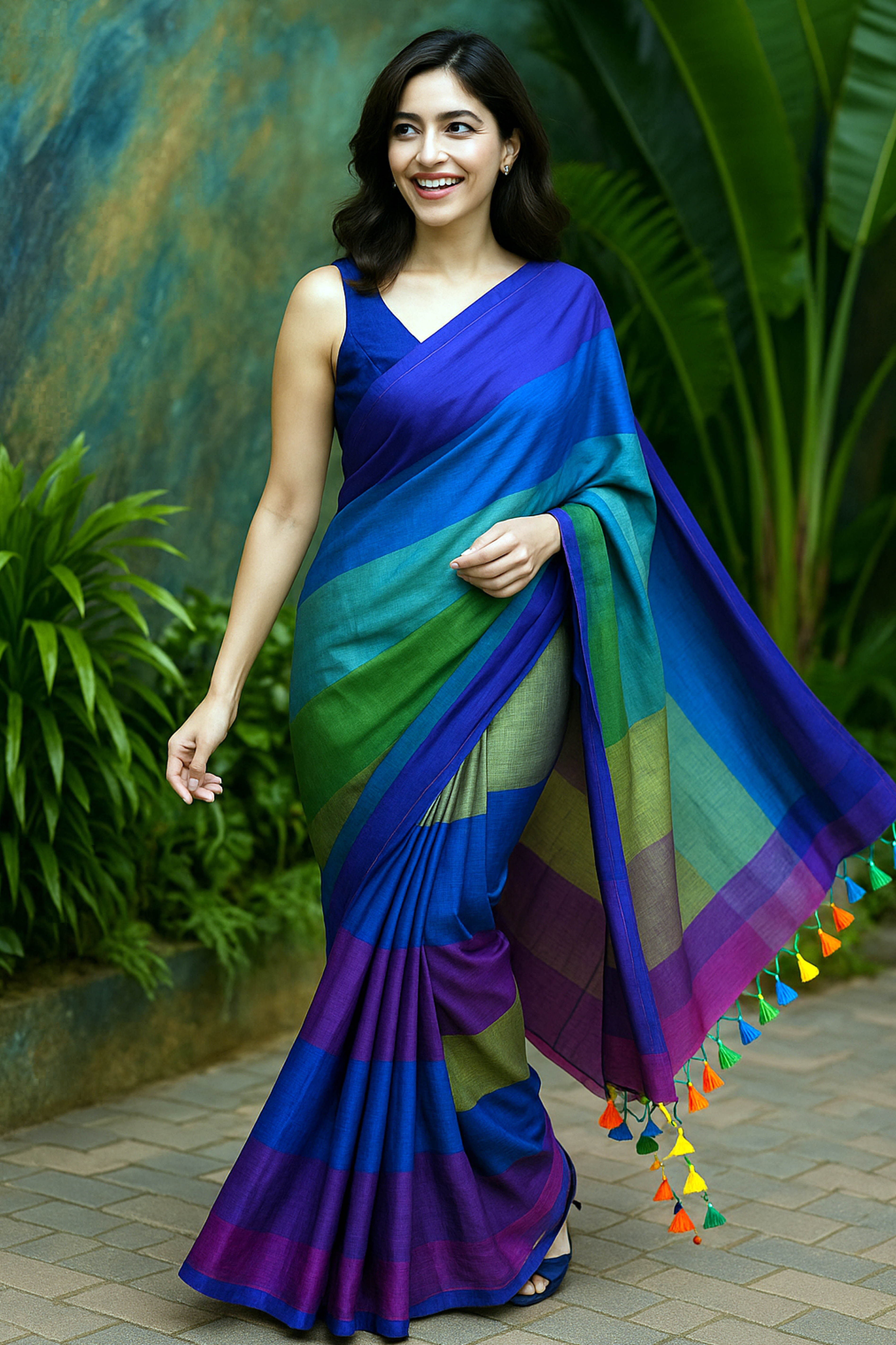 Jamdani Mul Cotton Rainbow Saree in Green & Blue - Indian Handloomz