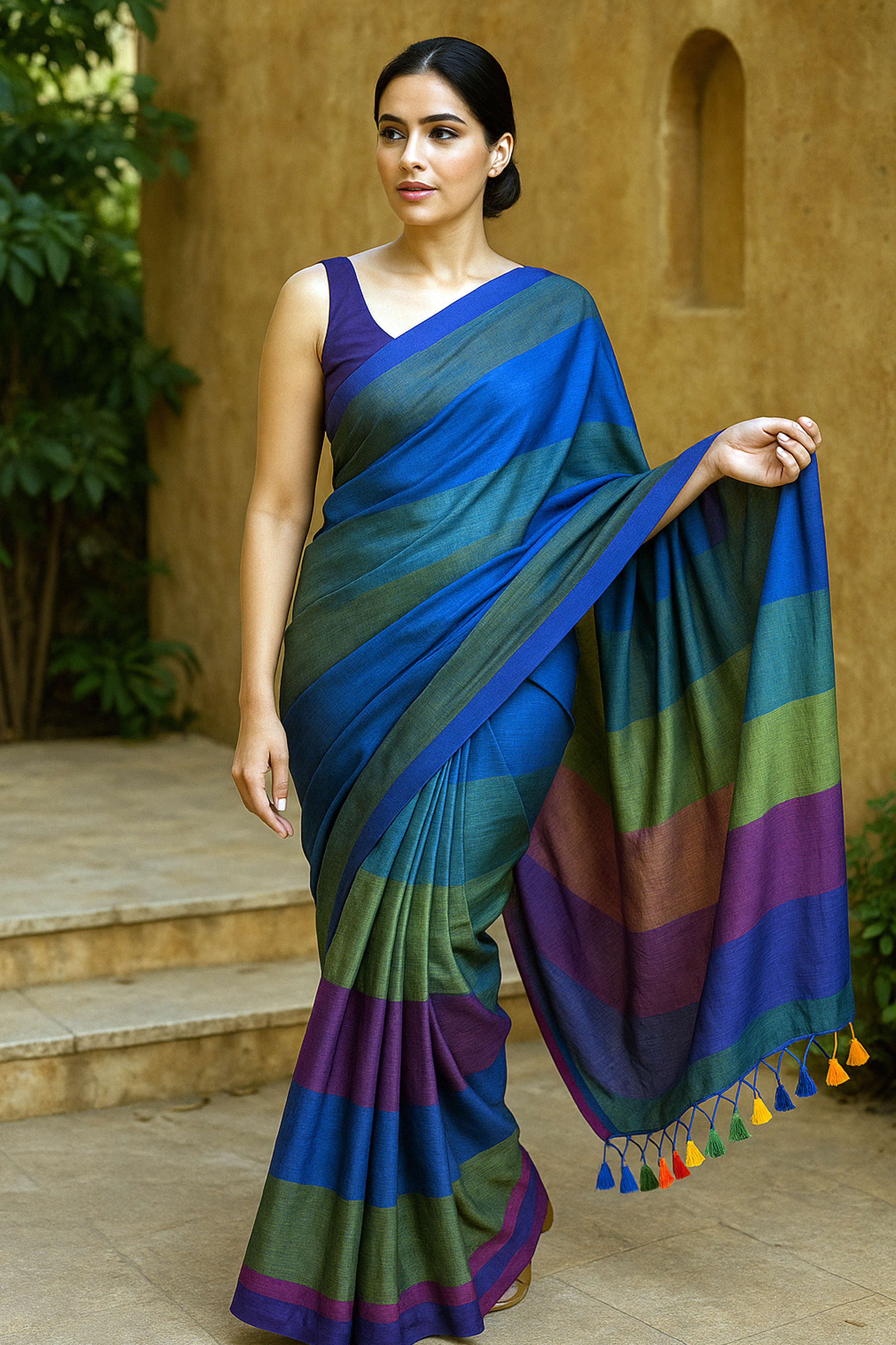 Jamdani Mul Cotton Rainbow Saree in Green & Blue - Indian Handloomz