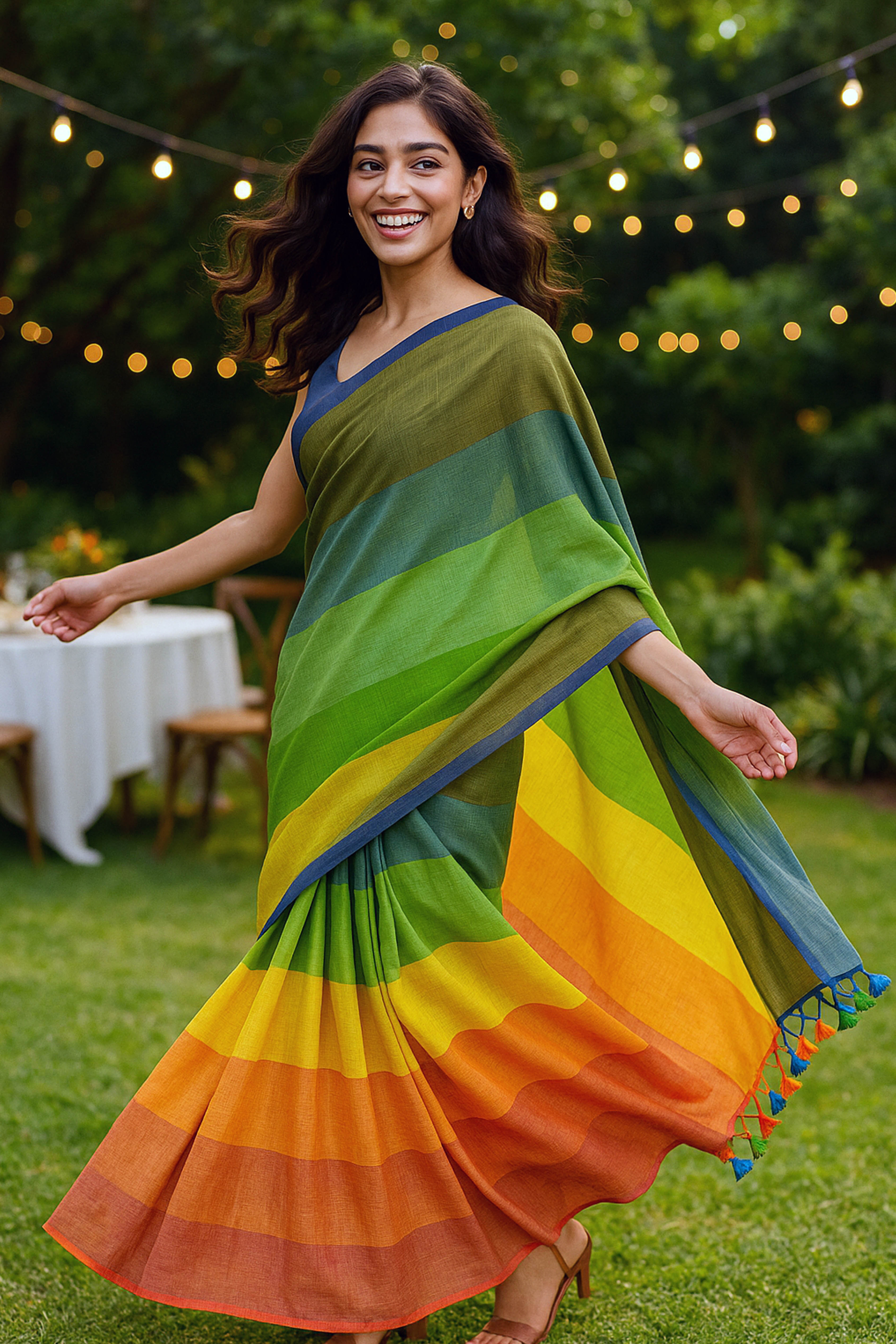 Jamdani Mul Cotton Rainbow Saree in Multi Colour - Indian Handloomz