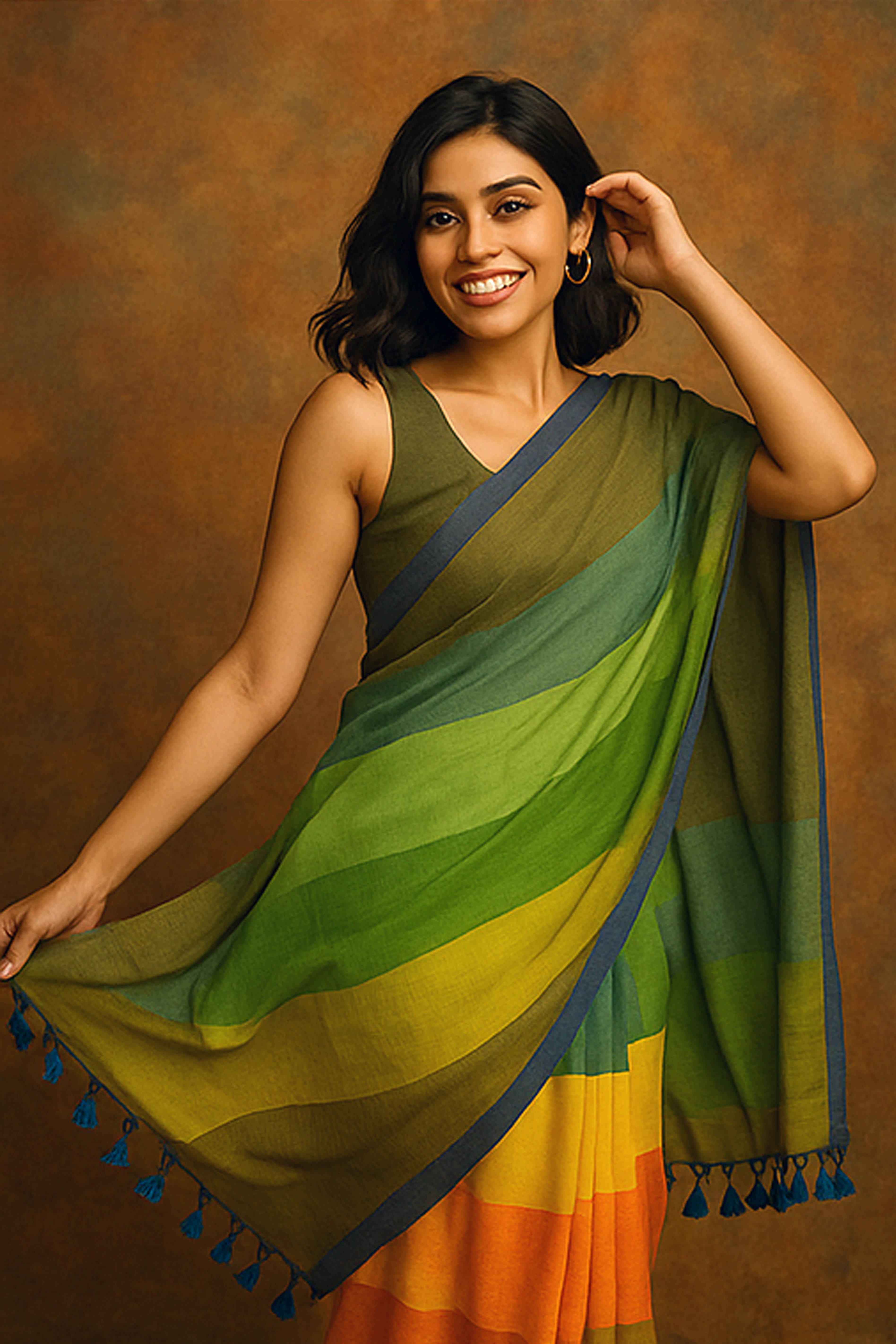 Jamdani Mul Cotton Rainbow Saree in Multi Colour - Indian Handloomz