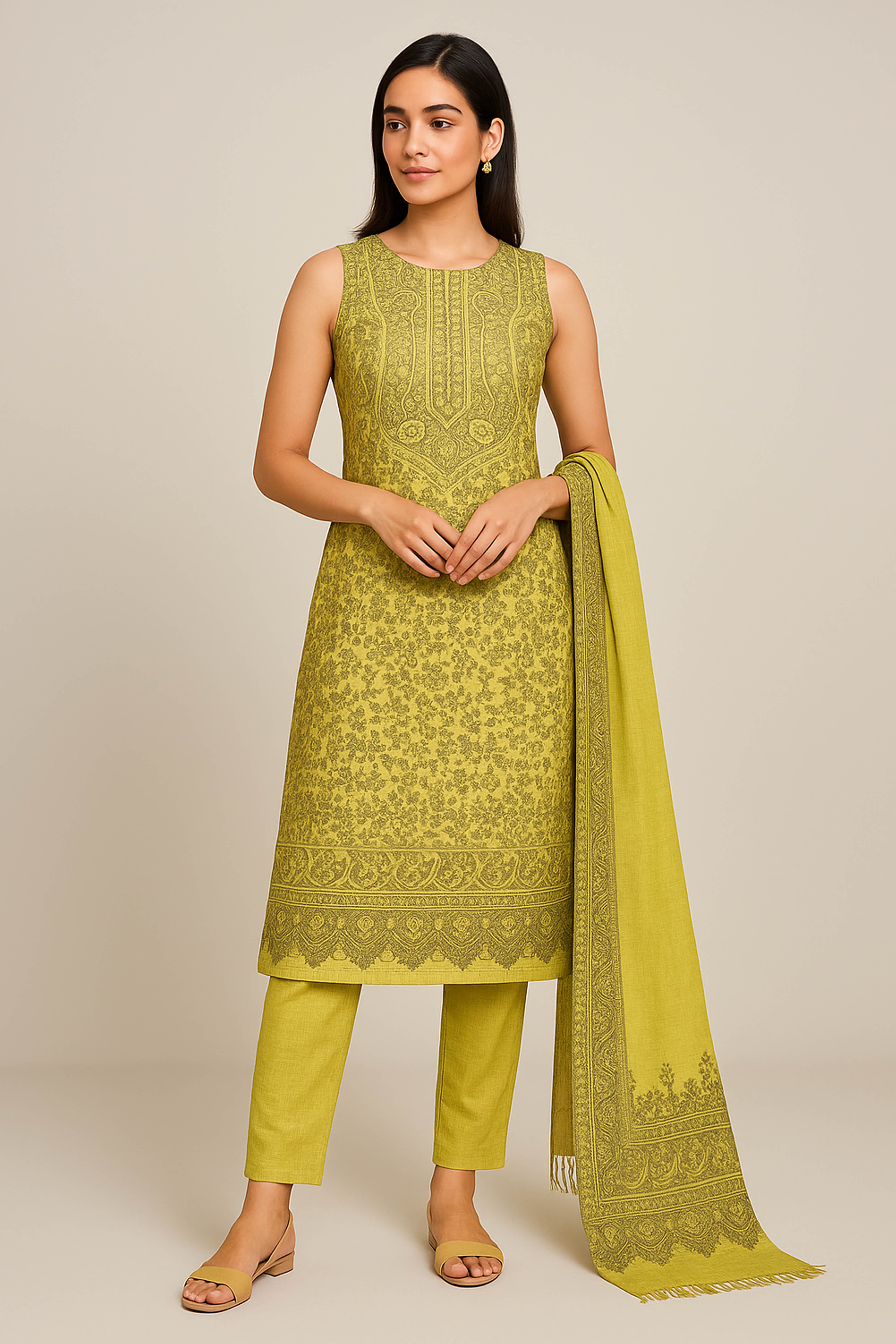 Tamana Kashmiri Blended Silk Unstitched Suit Set in Butterscotch Yellow Base with Light Golden & Black Kani Work, Border on Sleeves & Top Back - Indian Handloomz