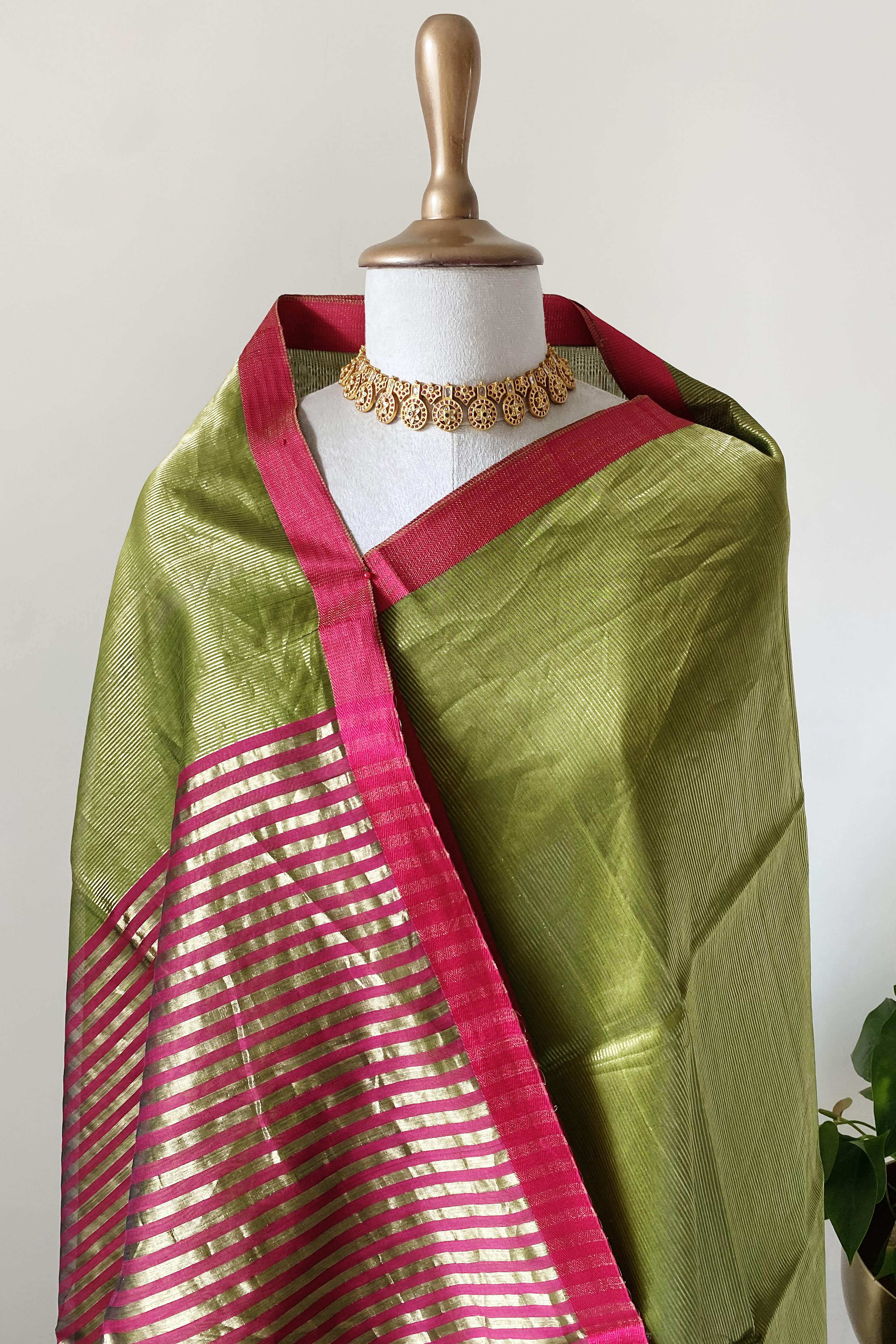 Kshiti Parrot Green with Pink Rani Resham Border Maheshwari Silk Cotton Tissue Saree - Indian Handloomz