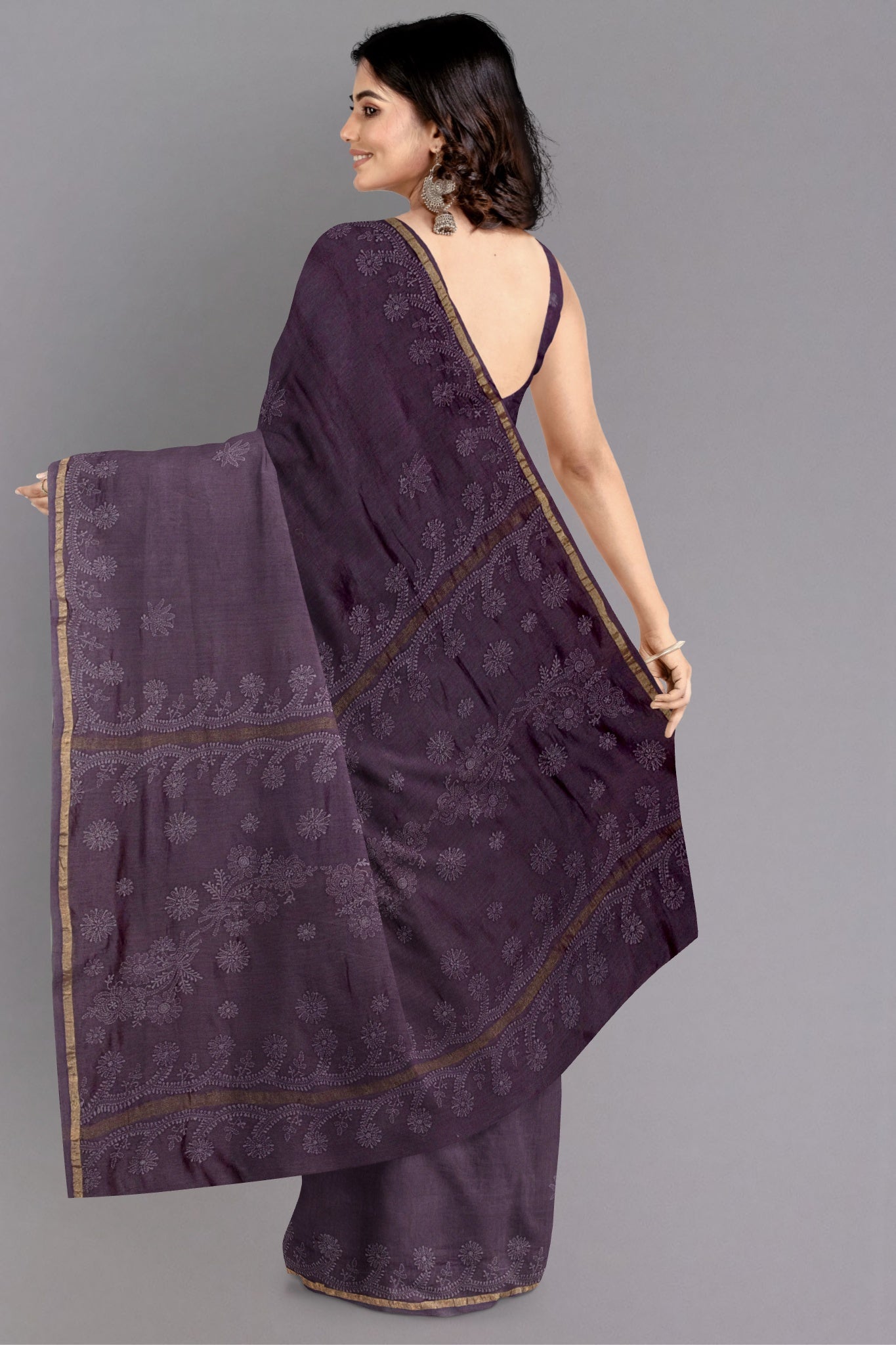 Uma Chanderi Cotton Silk Saree Chikankari Embroibered Pallu, Wine Colour with Floral Buttas & Zari Border - Indian Handloomz