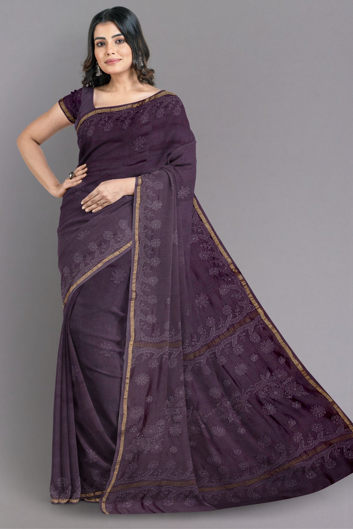 Uma Chanderi Cotton Silk Saree Chikankari Embroibered Pallu, Wine Colour with Floral Buttas & Zari Border - Indian Handloomz