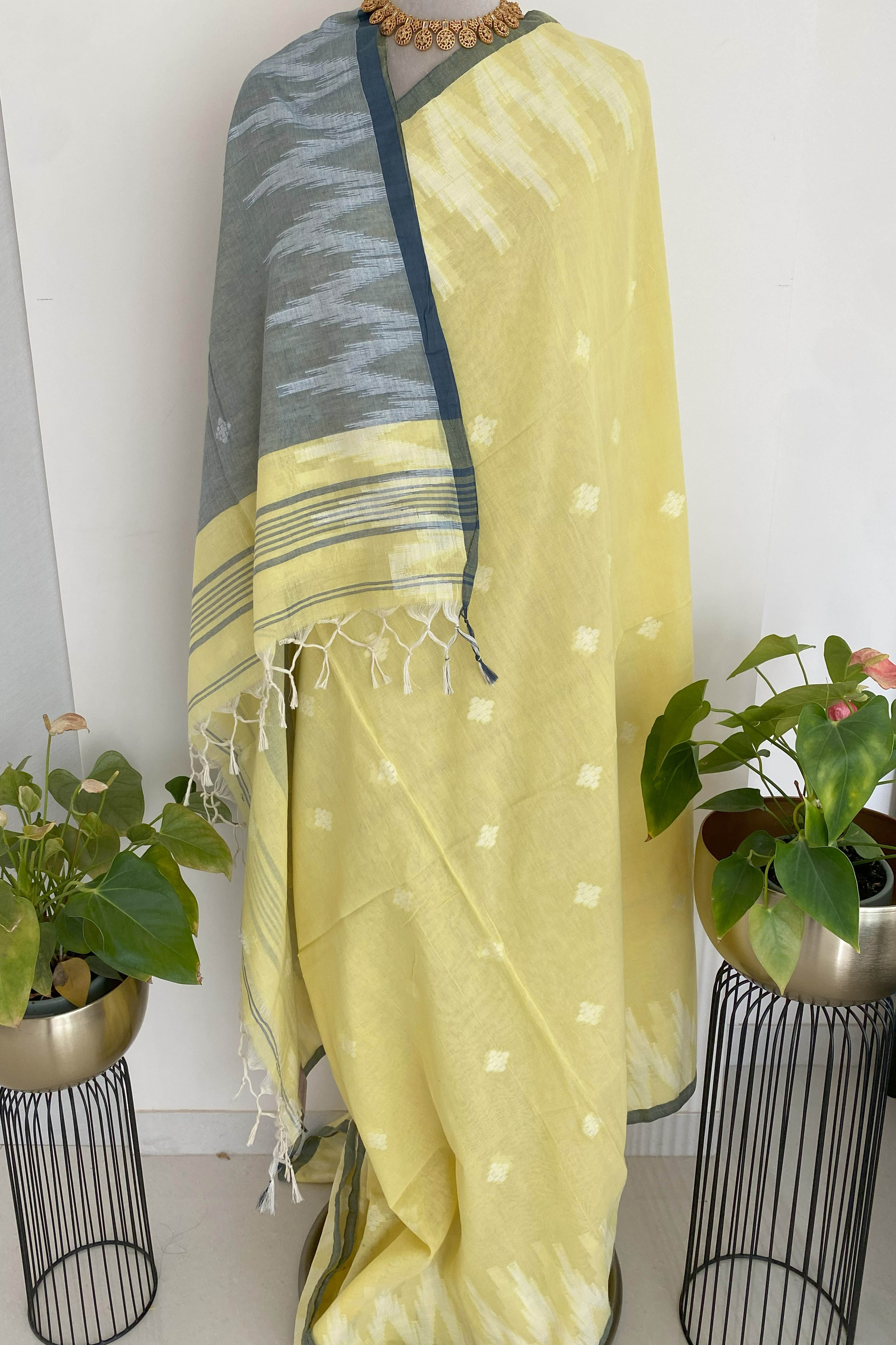 Lemon Yellow & Grey Jamdani Pure Cotton Saree - Indian Handloomz