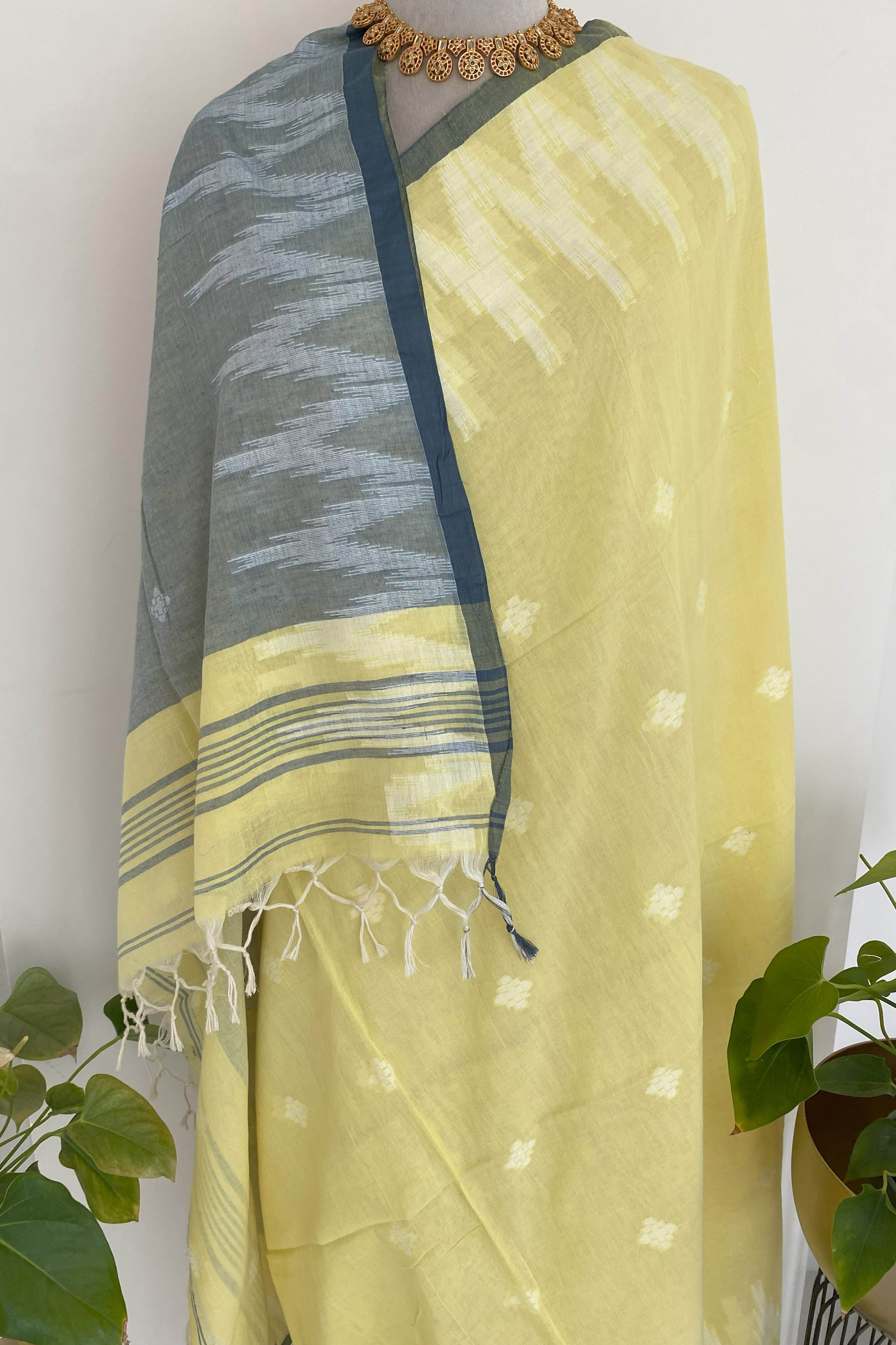 Lemon Yellow & Grey Jamdani Pure Cotton Saree - Indian Handloomz