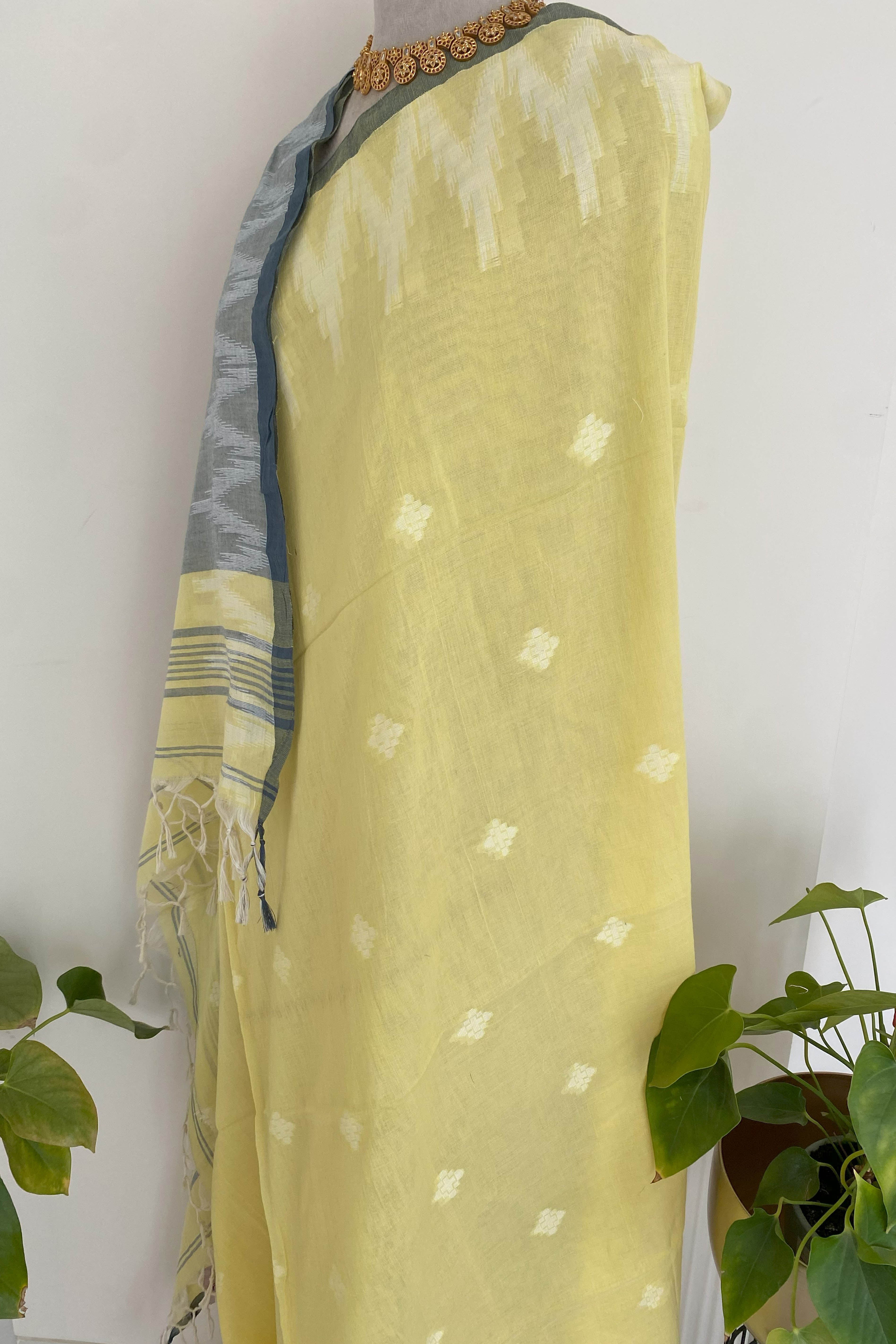 Lemon Yellow & Grey Jamdani Pure Cotton Saree - Indian Handloomz
