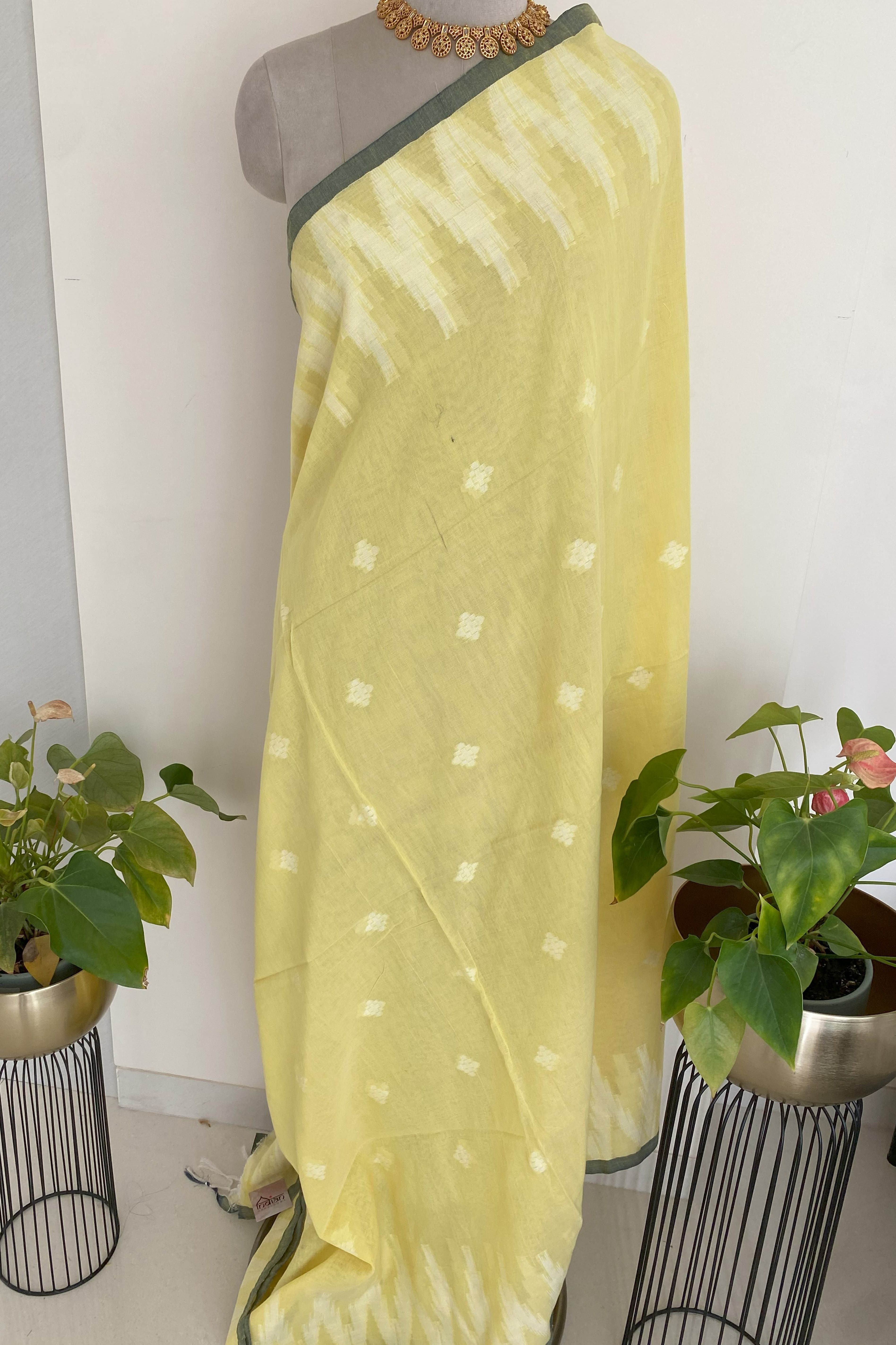Lemon Yellow & Grey Jamdani Pure Cotton Saree - Indian Handloomz